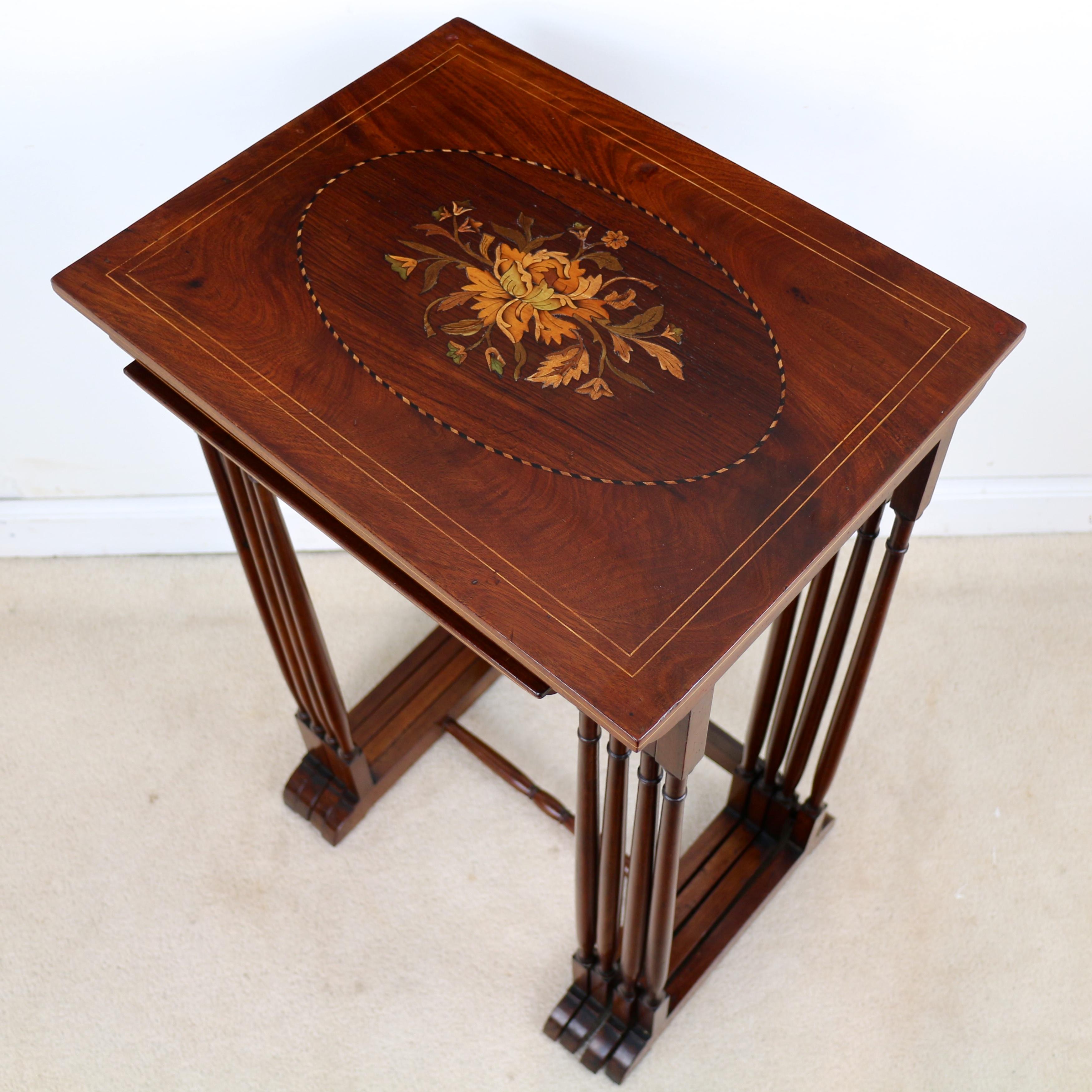 19th Century Set of Antique English Victorian Mahogany and Marquetry Inlaid Quartetto Tables For Sale
