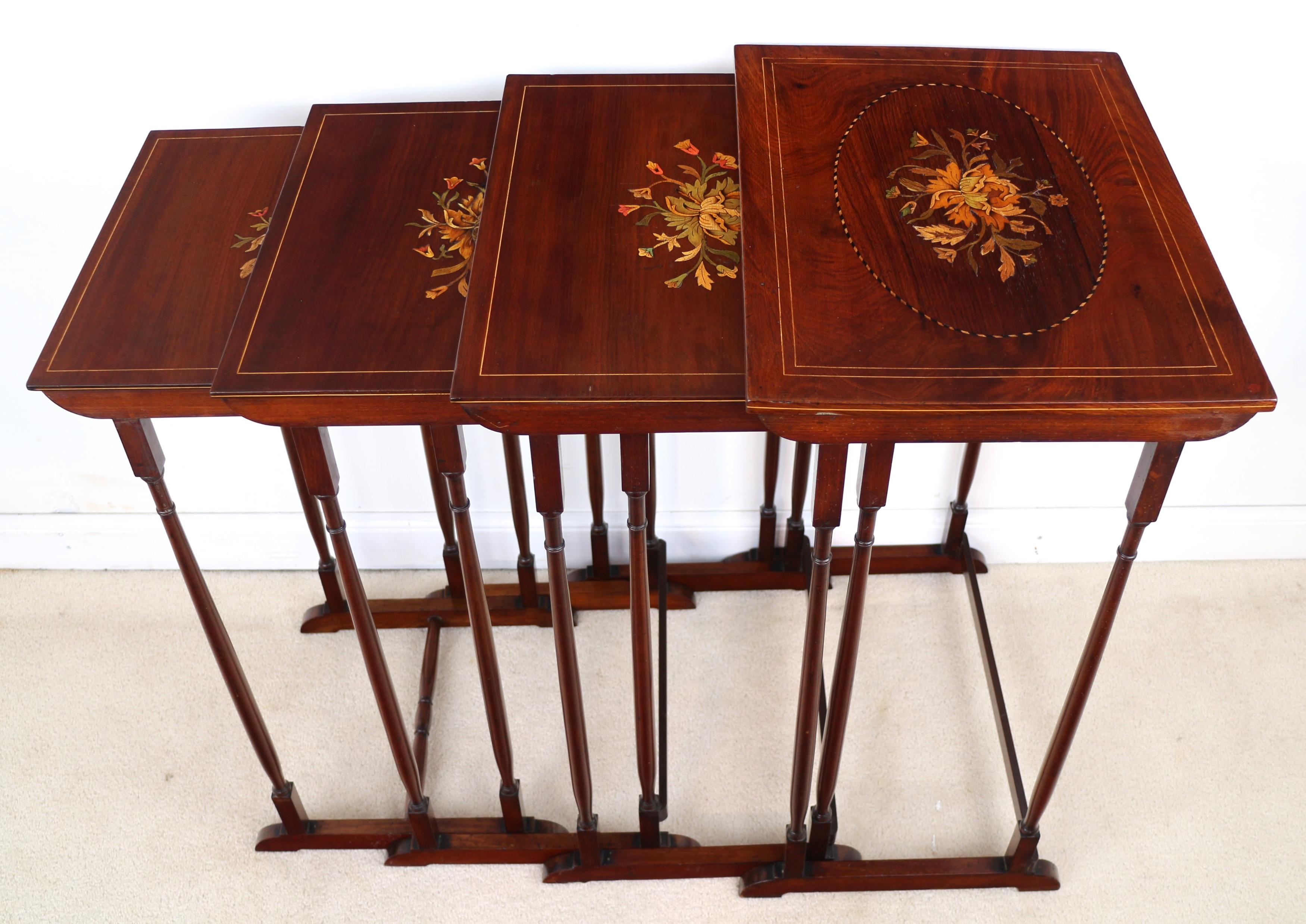 Set of Antique English Victorian Mahogany and Marquetry Inlaid Quartetto Tables For Sale 1