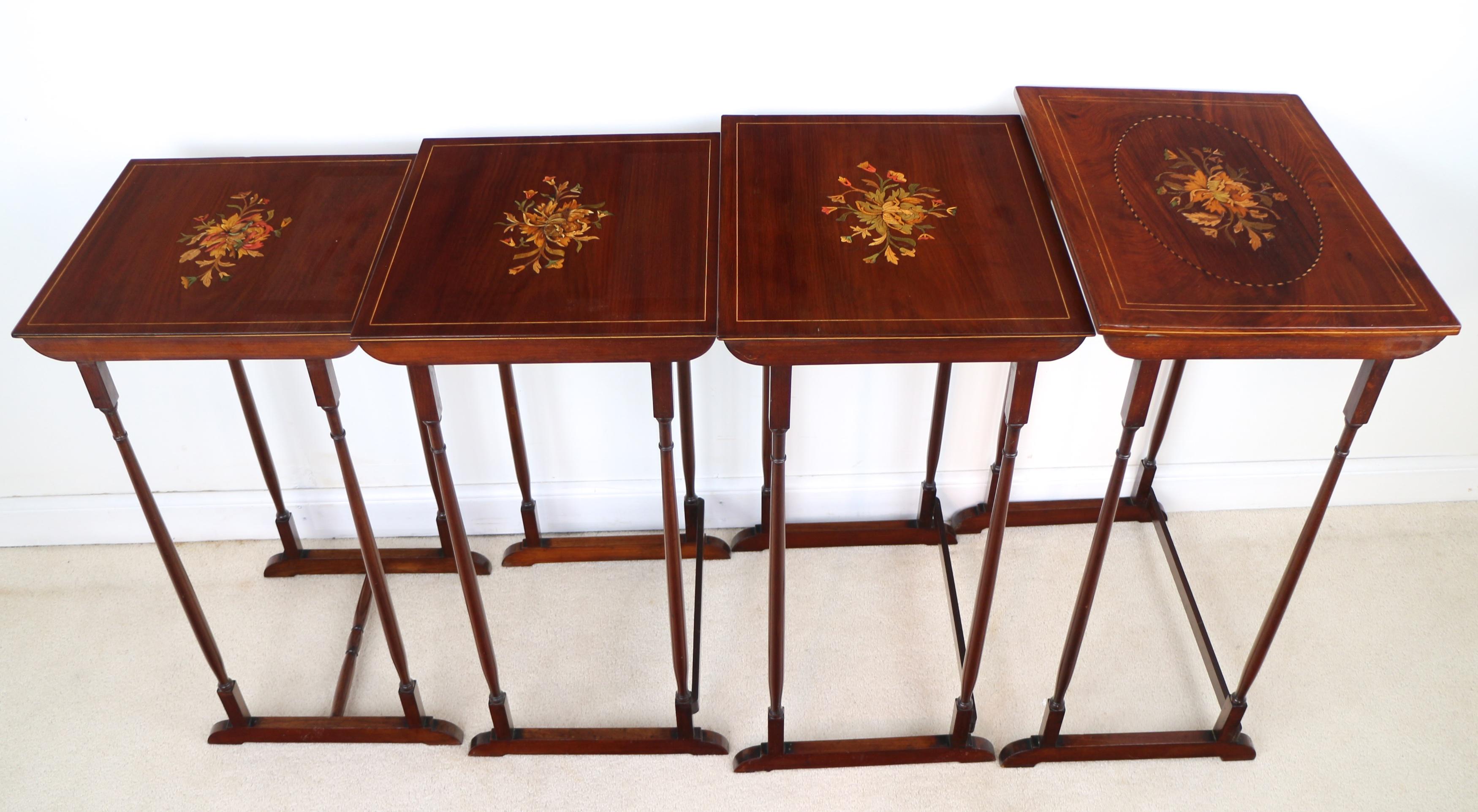 Set of Antique English Victorian Mahogany and Marquetry Inlaid Quartetto Tables For Sale 2