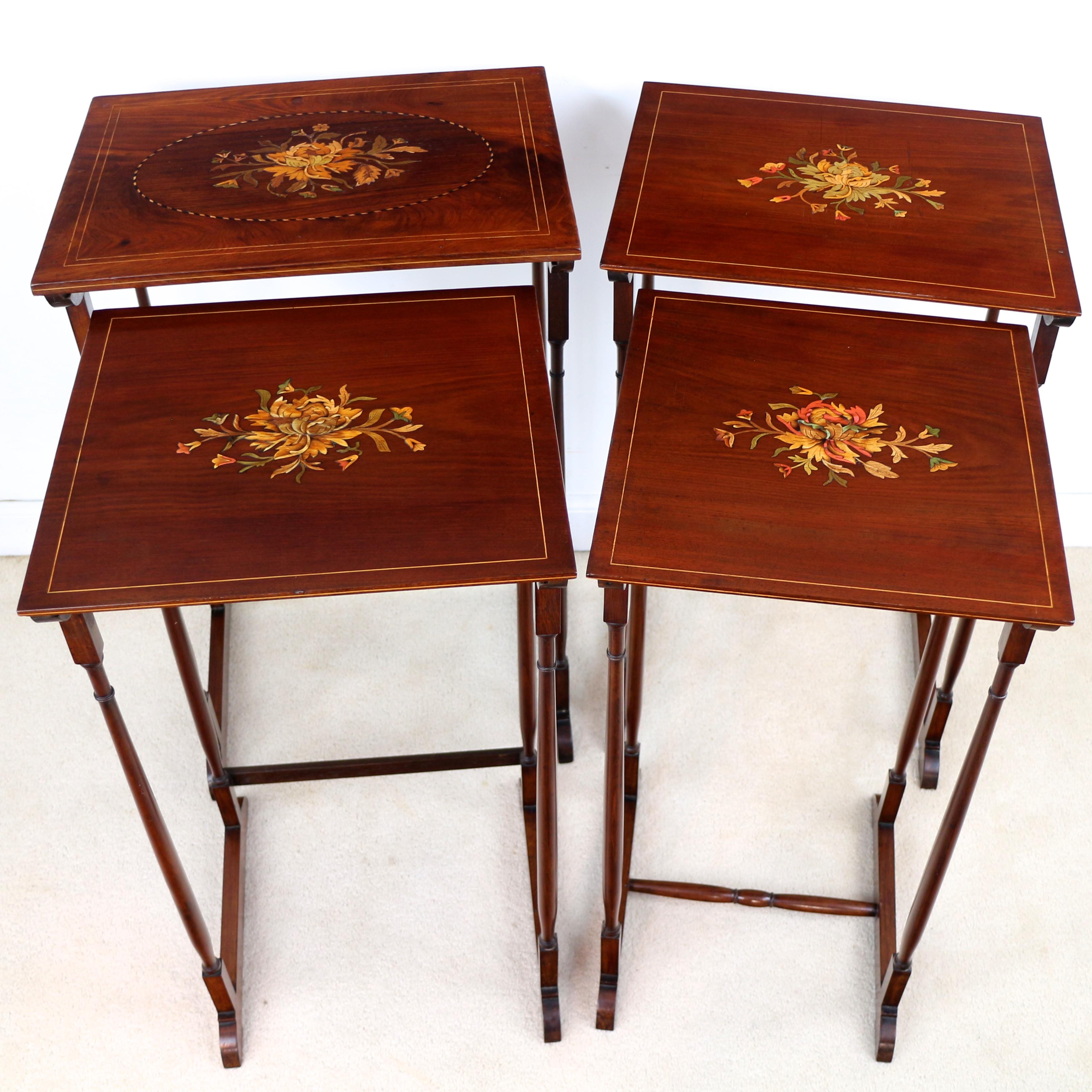 Set of Antique English Victorian Mahogany and Marquetry Inlaid Quartetto Tables For Sale 3