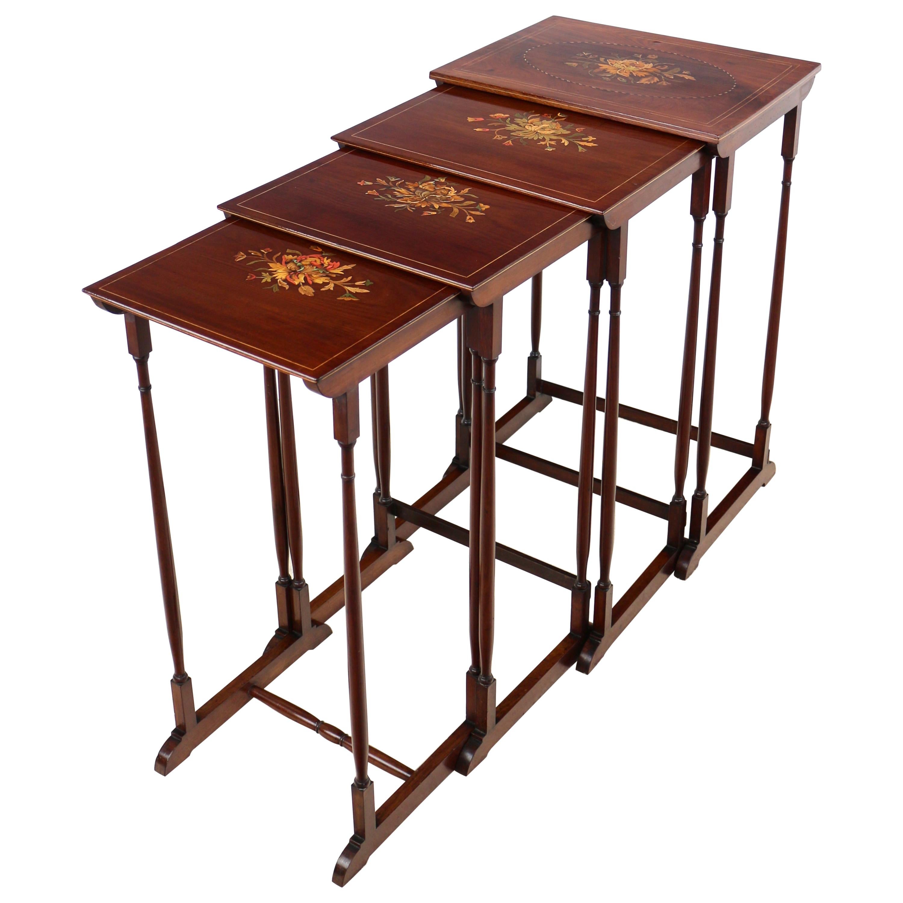Set of Antique English Victorian Mahogany and Marquetry Inlaid Quartetto Tables For Sale