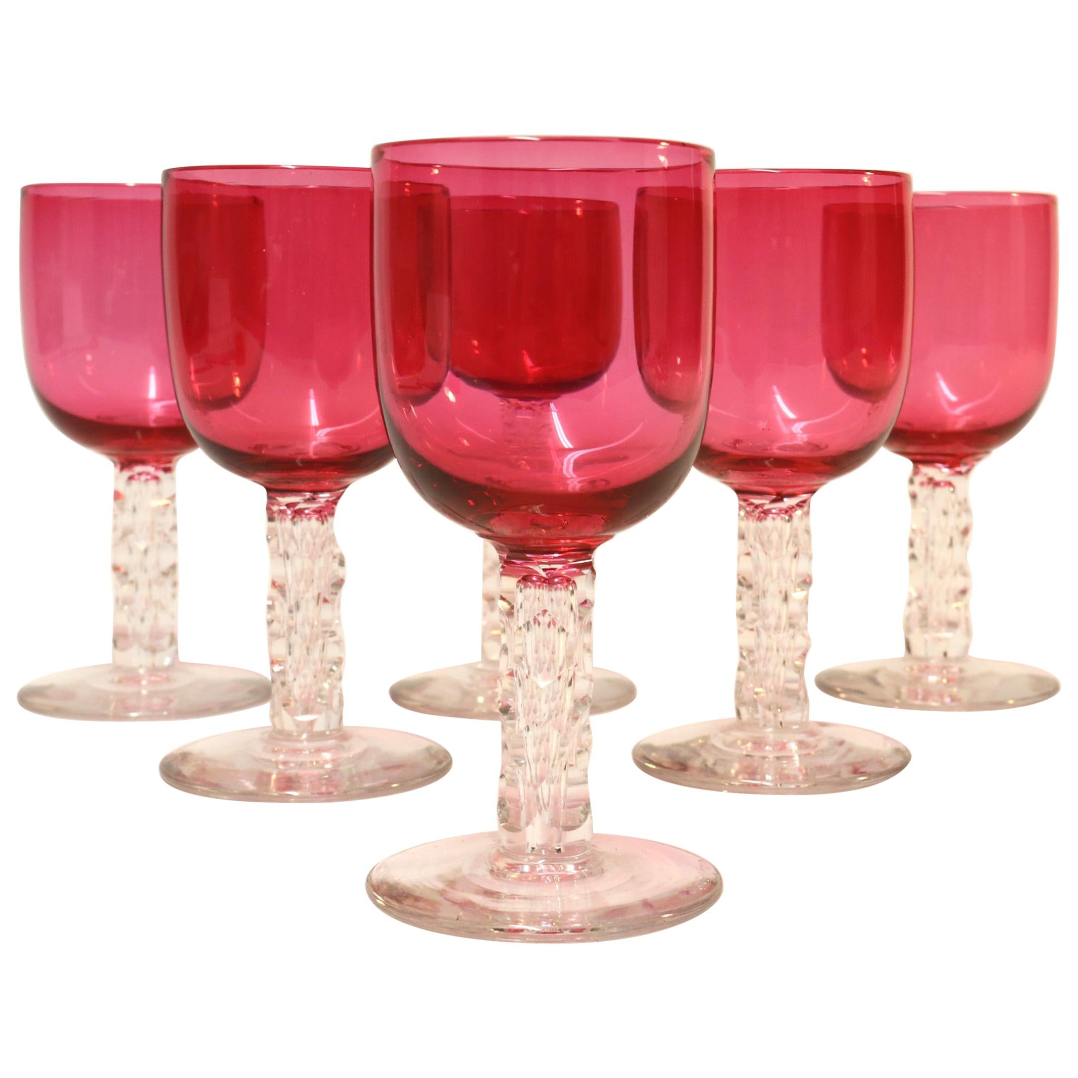 Set of Antique English Victorian Ruby Glass Goblets with Cut Glass Stems For Sale