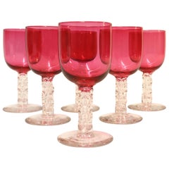 Set of Antique English Victorian Ruby Glass Goblets with Cut Glass Stems