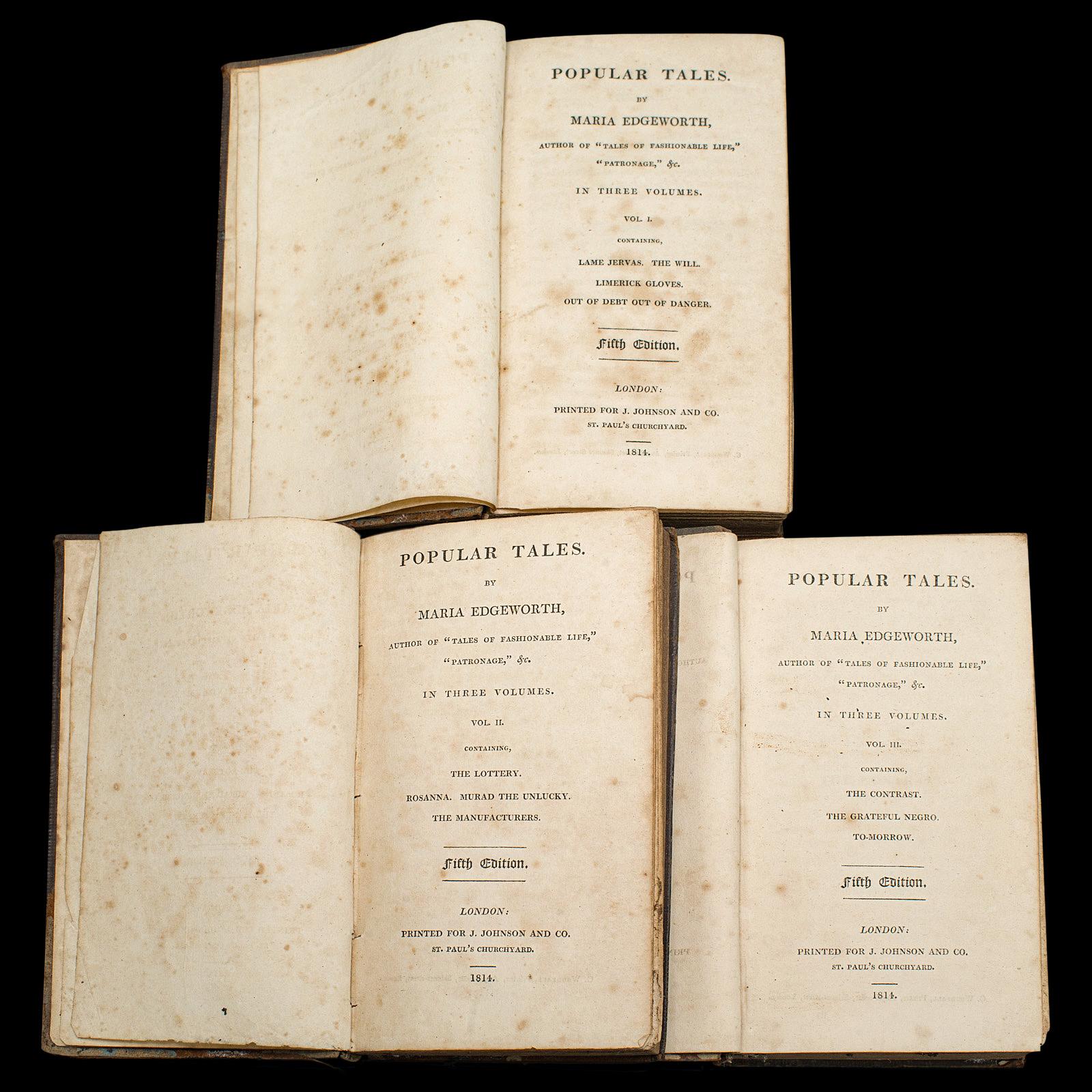 British Set Of Antique Fiction Books, Popular Tales, Maria Edgeworth, English, Georgian For Sale