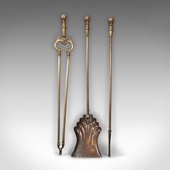Set of Antique Fire Tools, English, Brass, Tongs, Shovel, Poker, Victorian, 1880