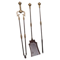 Set of Antique Fireside Tools, English, Brass, Iron, Companion Set, Victorian