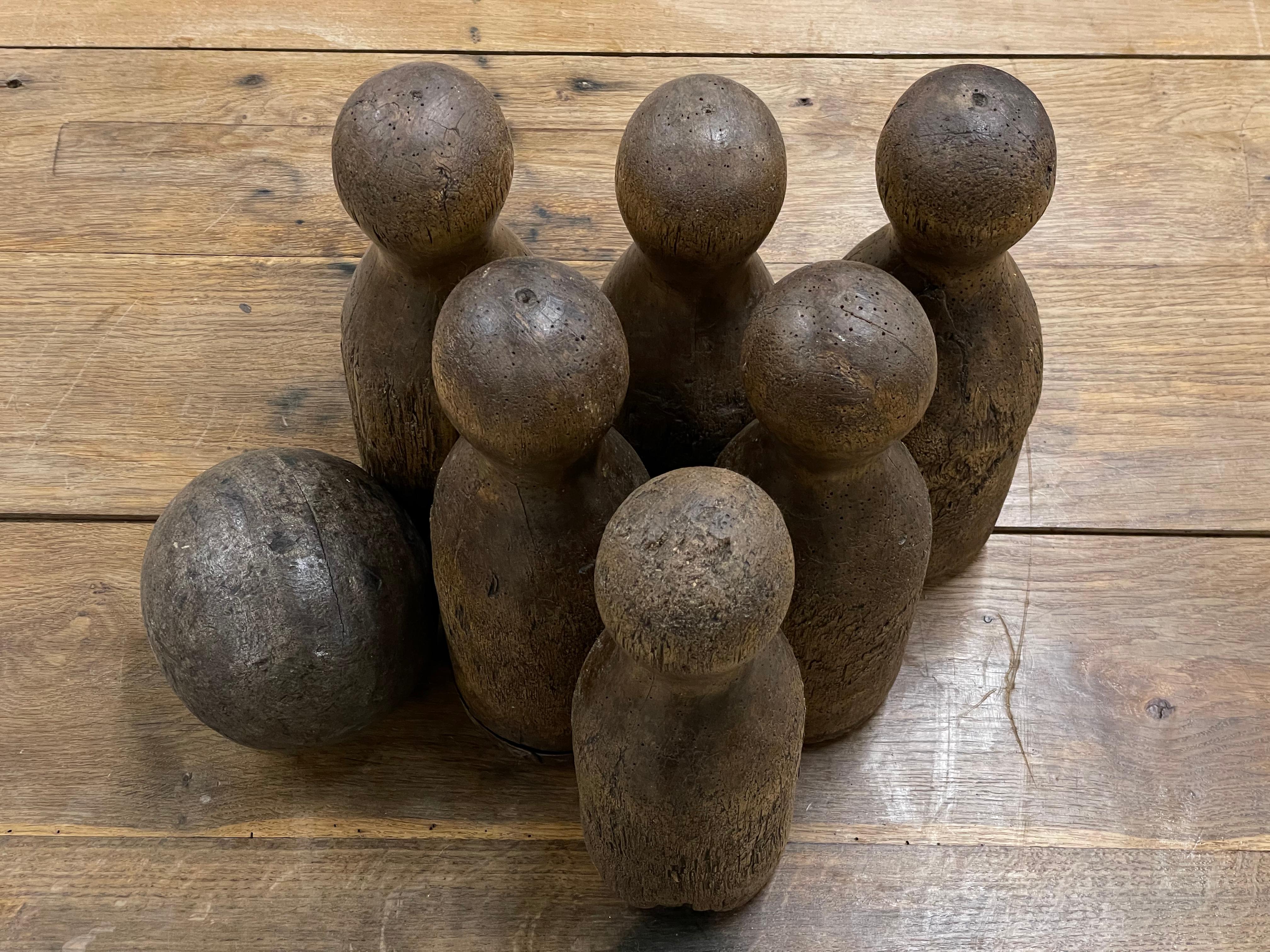 Primitive Set of Antique French Hardwood Skittles and Ball