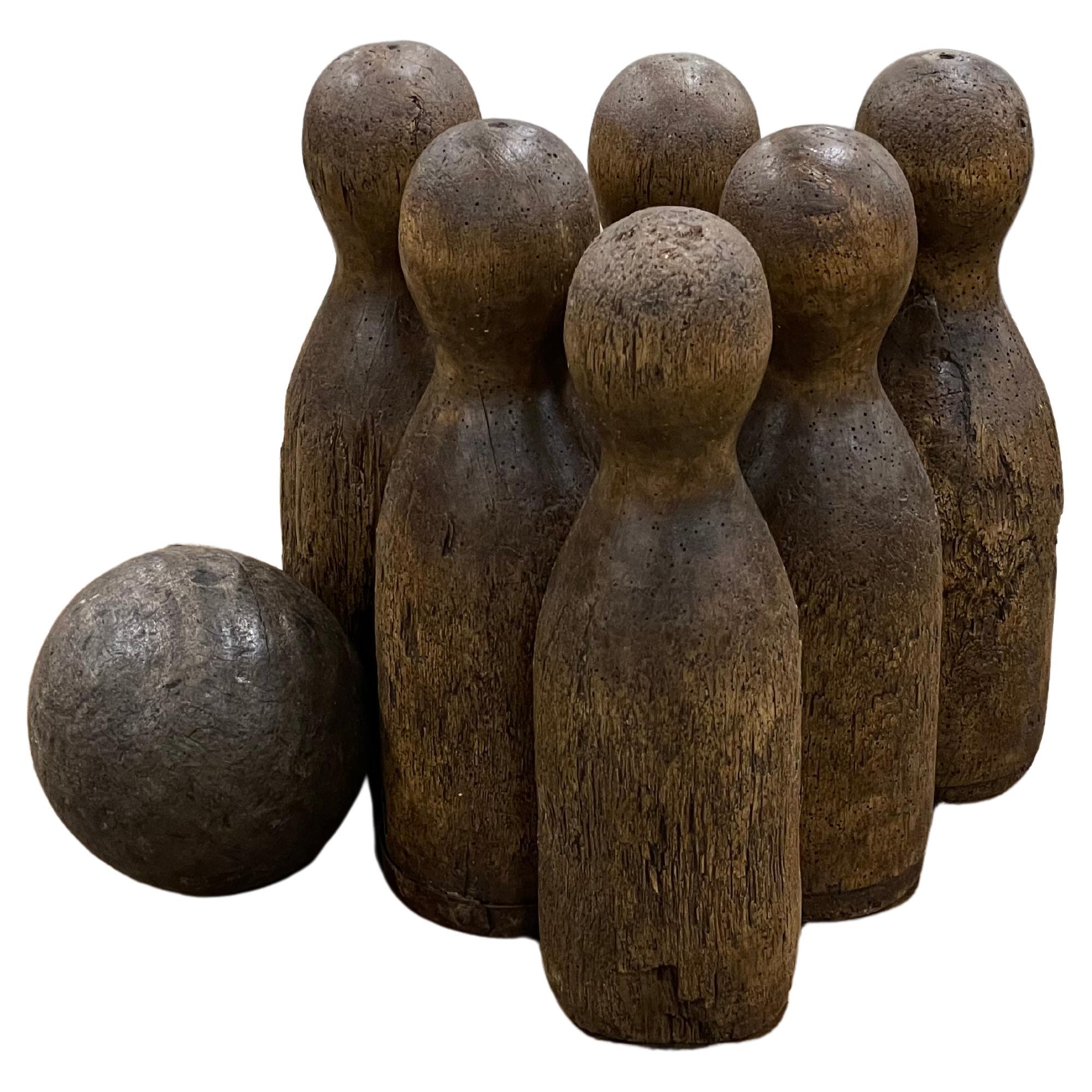 Set of Antique French Hardwood Skittles and Ball