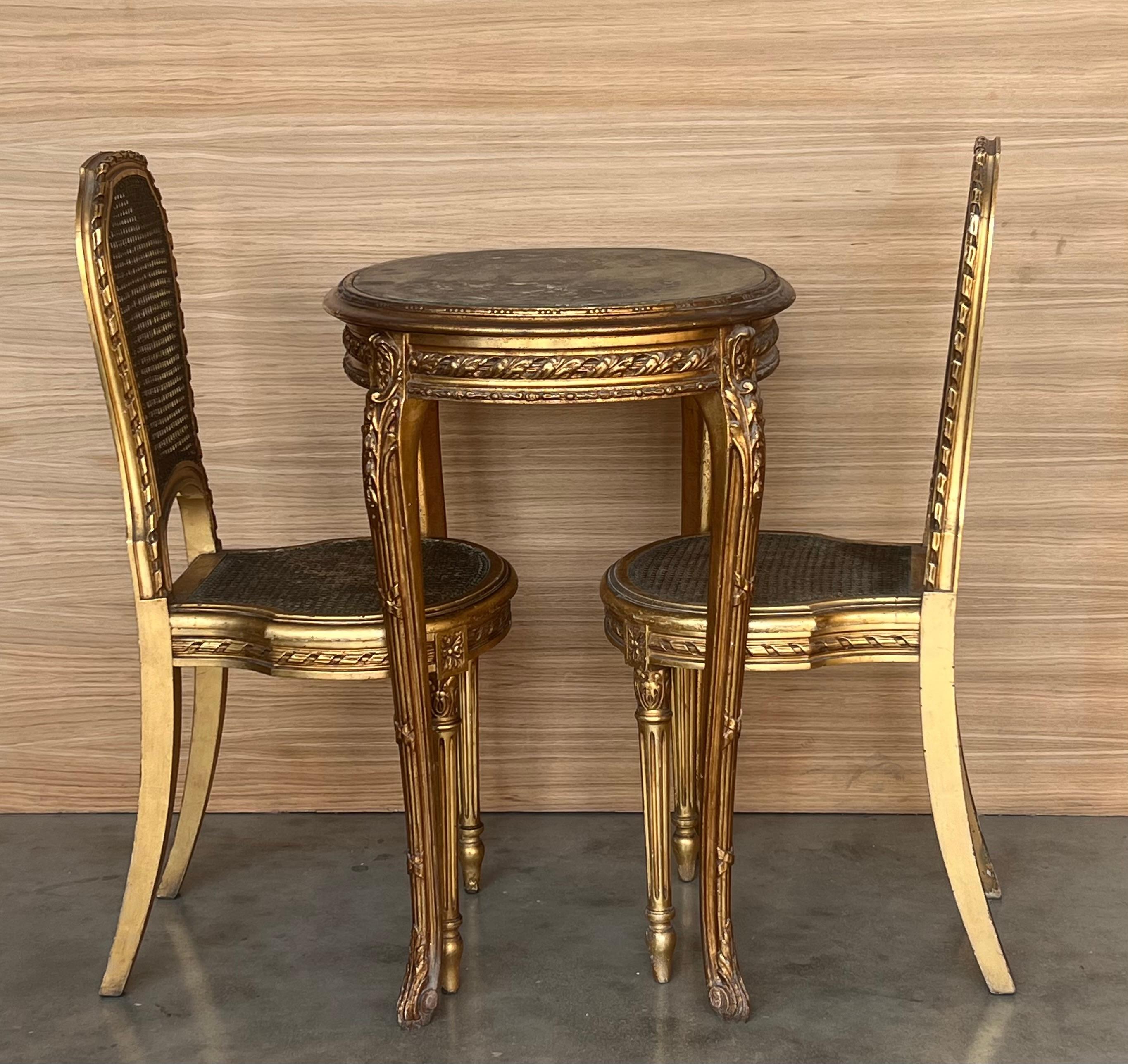 Set of Antique French Louis XVI Style Gilded Oval Console Table with Chairs In Good Condition For Sale In Miami, FL