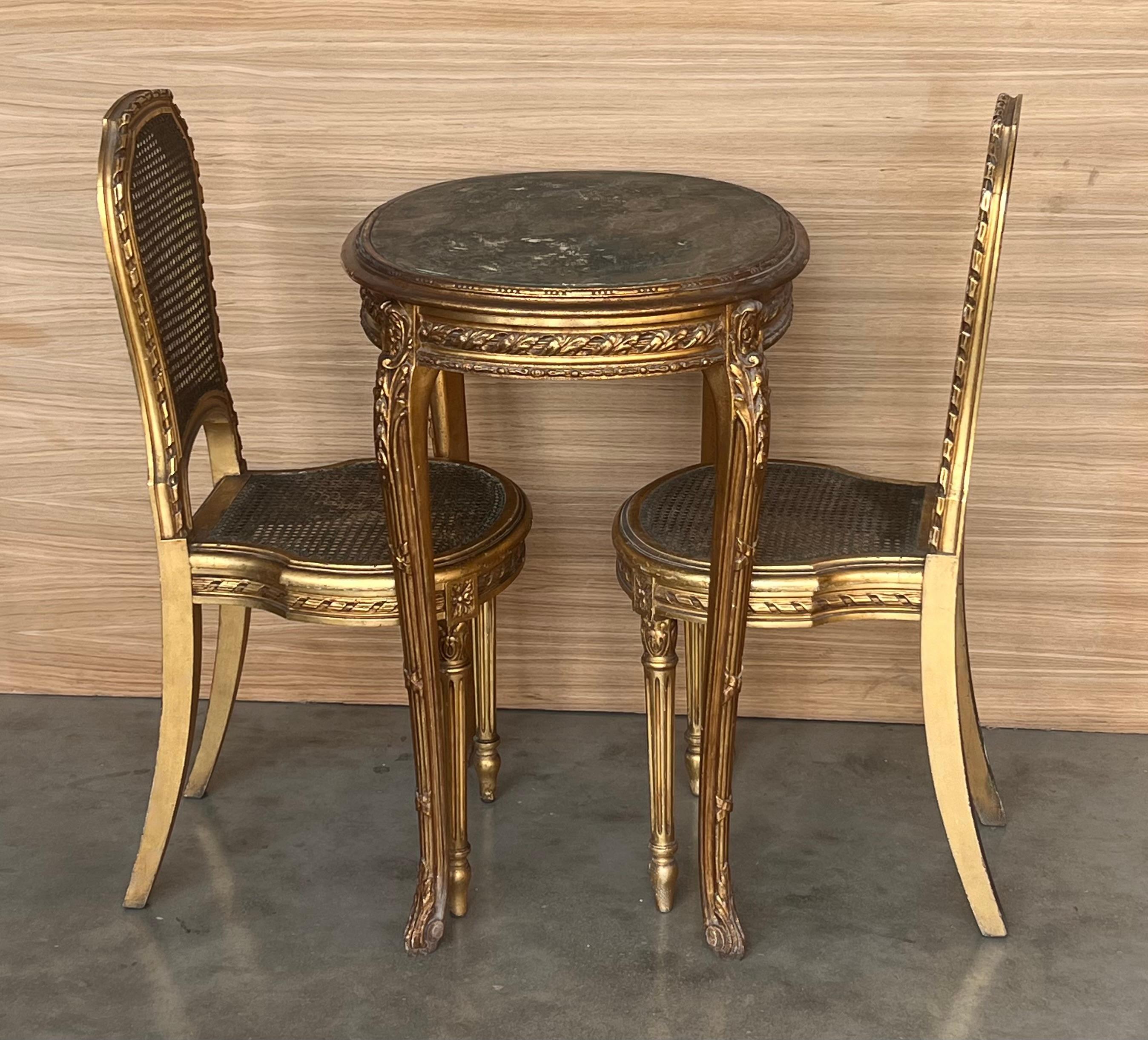 20th Century Set of Antique French Louis XVI Style Gilded Oval Console Table with Chairs For Sale