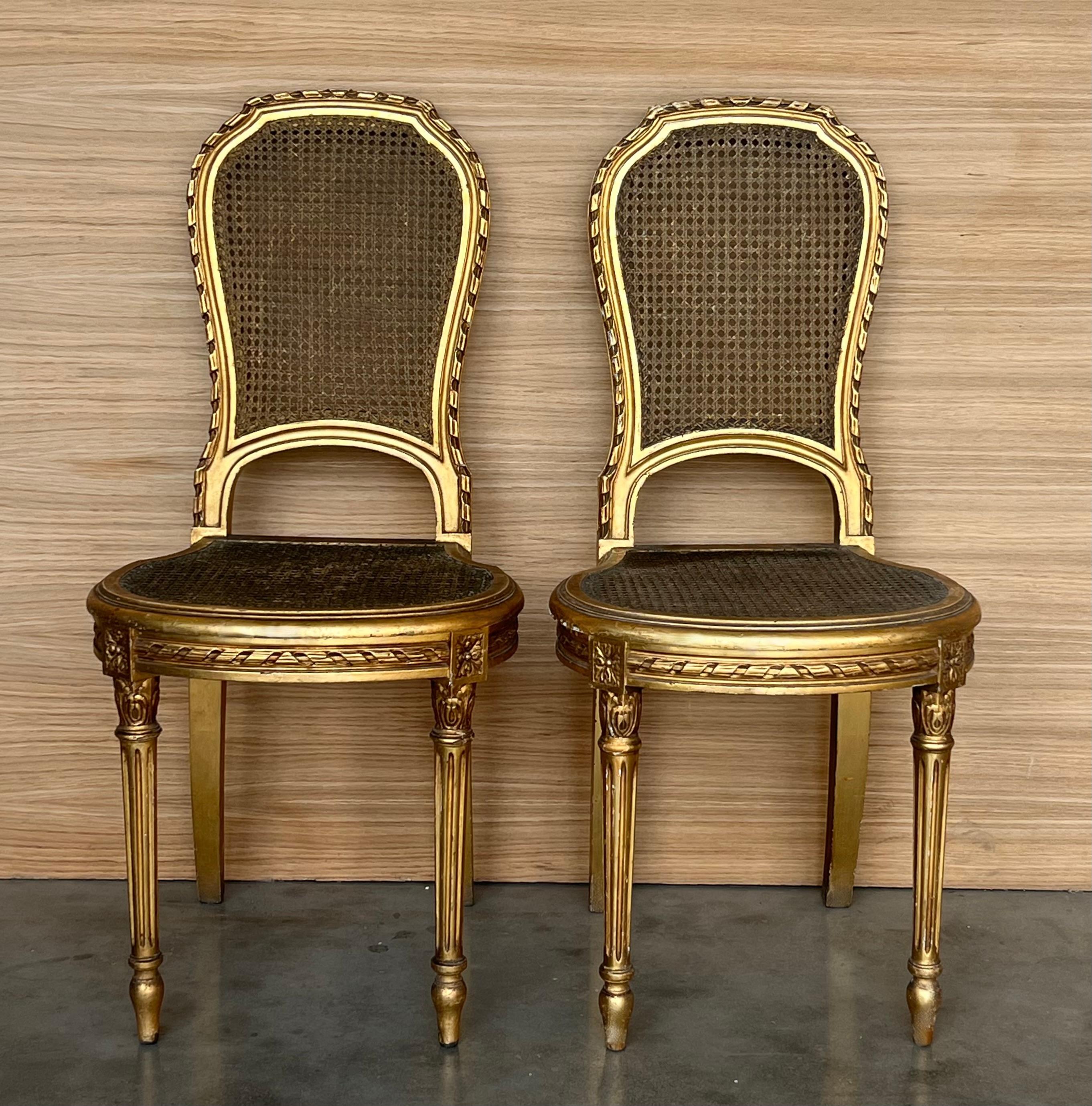 Giltwood Set of Antique French Louis XVI Style Gilded Oval Console Table with Chairs For Sale