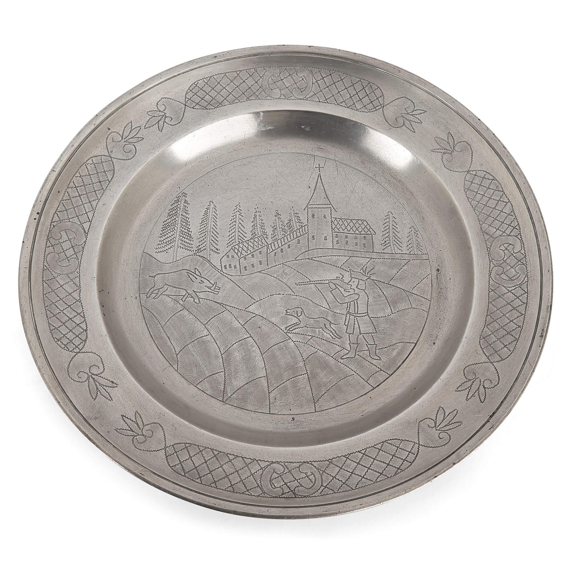 Engraved Set of Antique German Pewter Plates For Sale