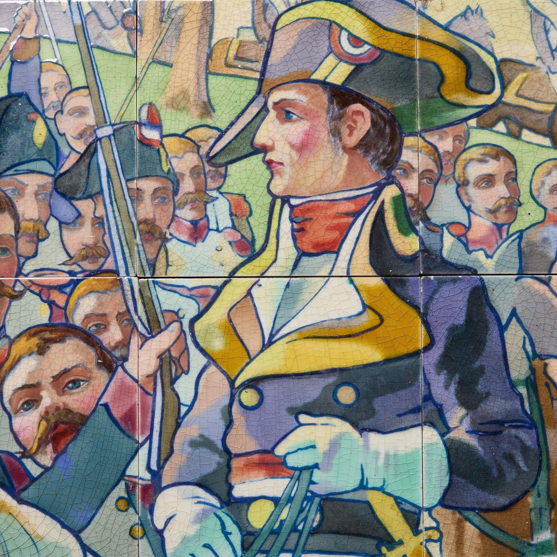 Huit carreaux anciens de 6 pouces en céramique émaillée représentant Napoléon, empereur français du XVIIIe siècle et figure militaire. Probablement la partie centrale de ce qui était autrefois un panneau plus grand, ces carreaux sont peints à la