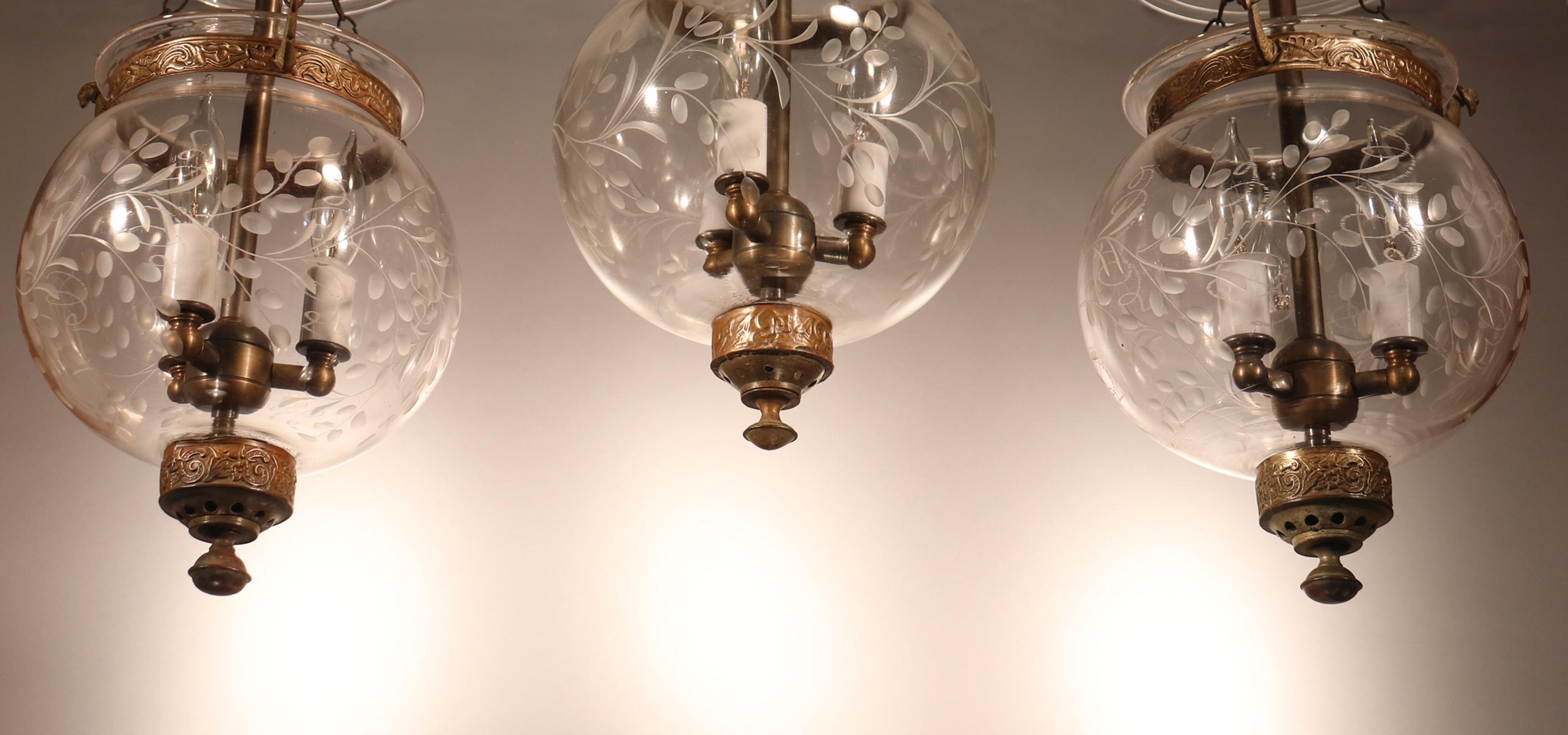 Set of Antique Globe Bell Jar Lanterns with Vine Etching 5