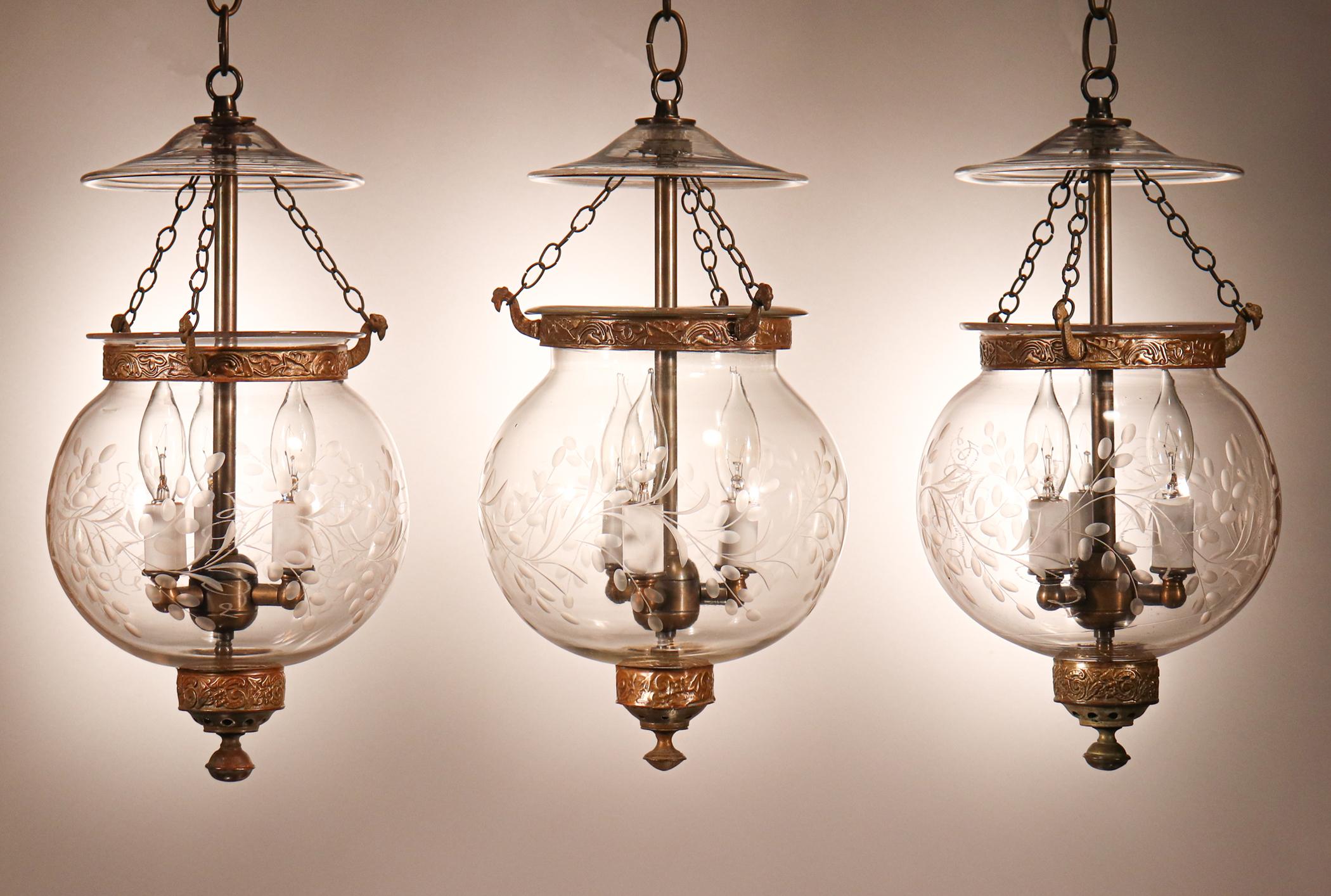Victorian Set of Antique Globe Bell Jar Lanterns with Vine Etching