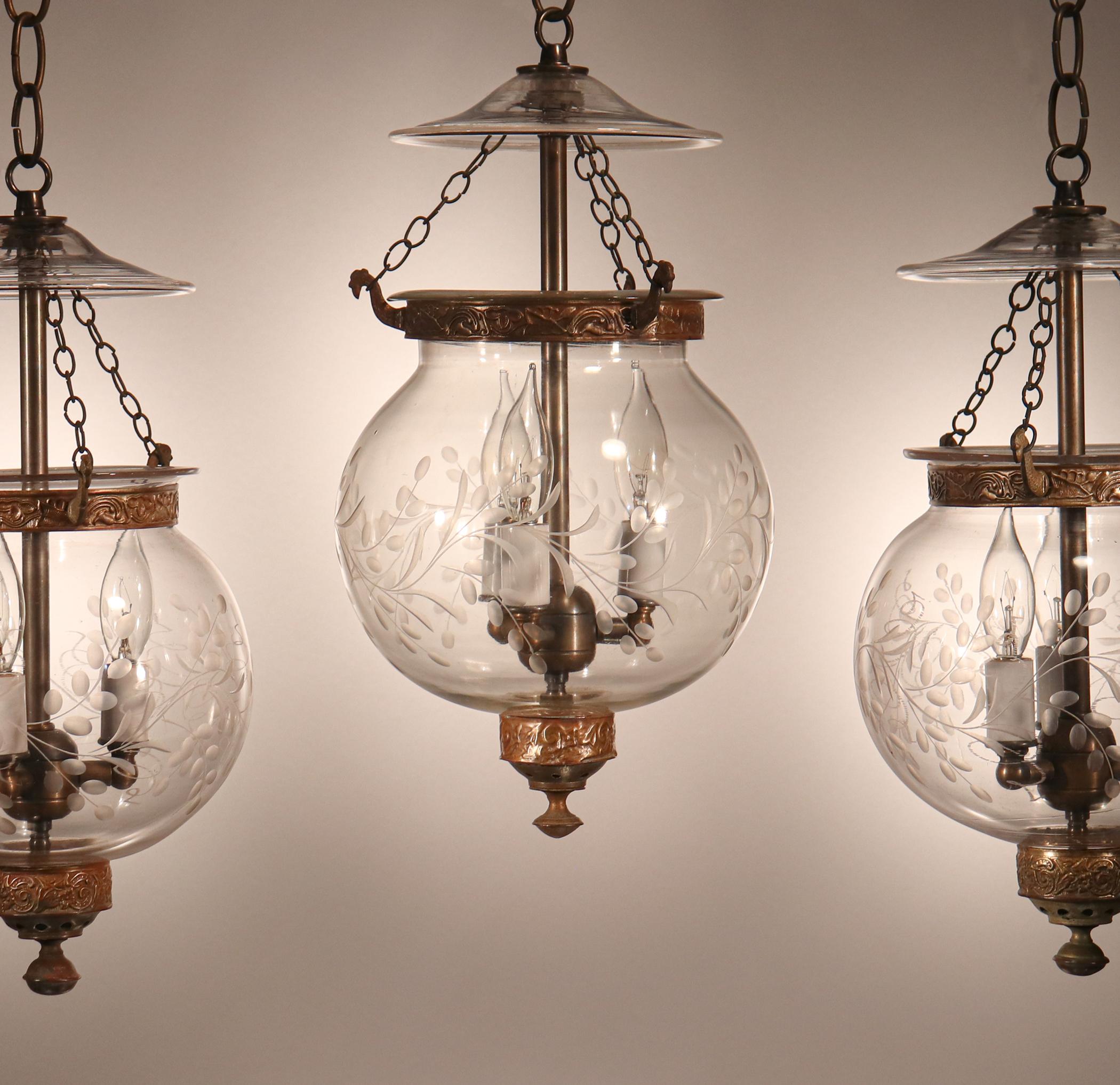 English Set of Antique Globe Bell Jar Lanterns with Vine Etching