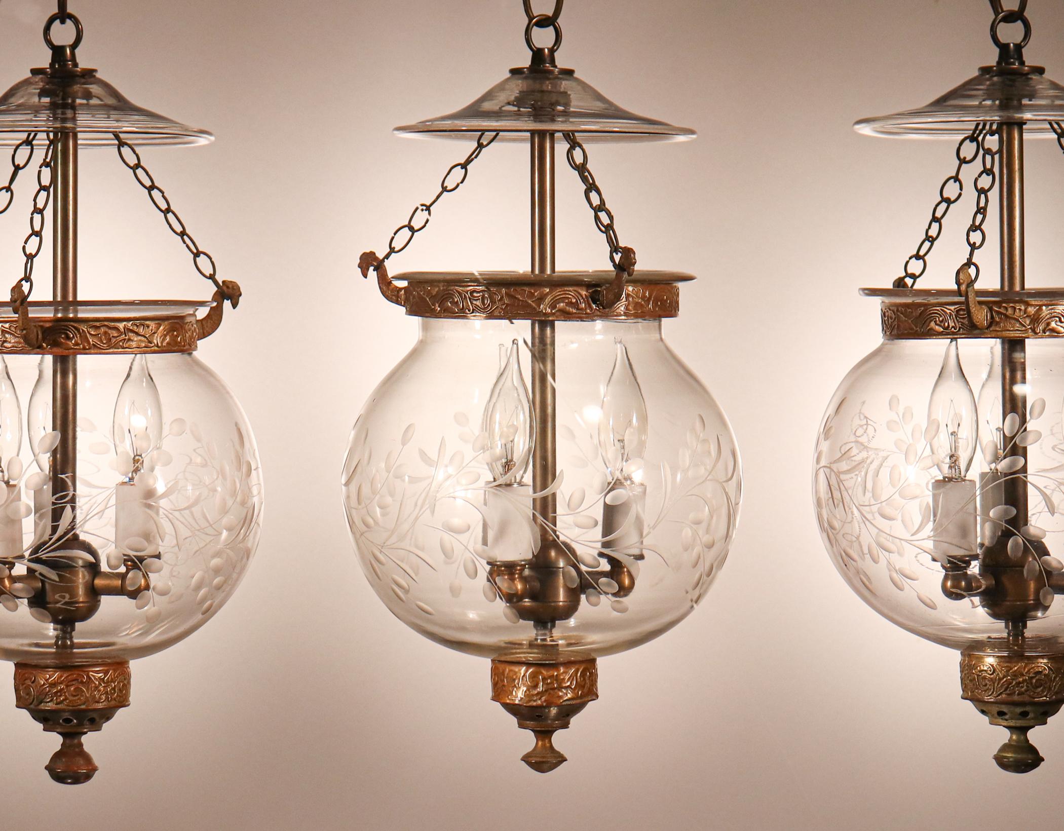 Embossed Set of Antique Globe Bell Jar Lanterns with Vine Etching