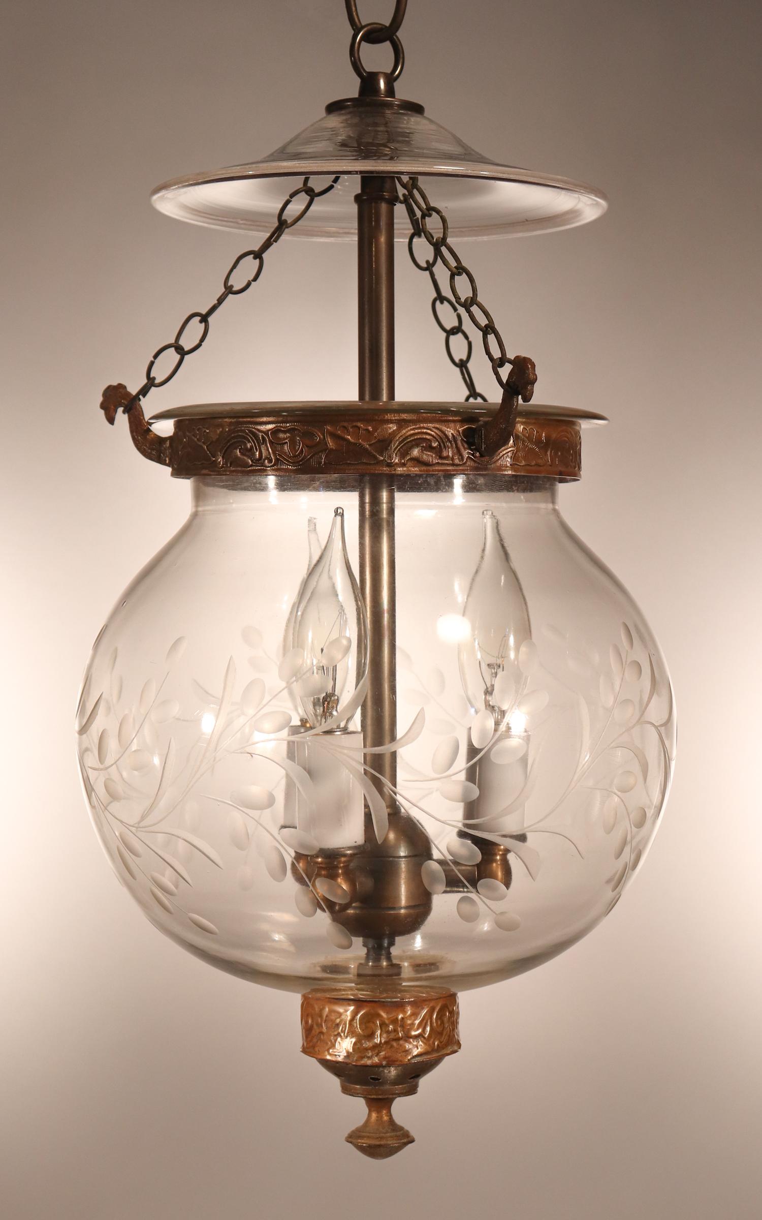 Set of Antique Globe Bell Jar Lanterns with Vine Etching In Good Condition In Heath, MA