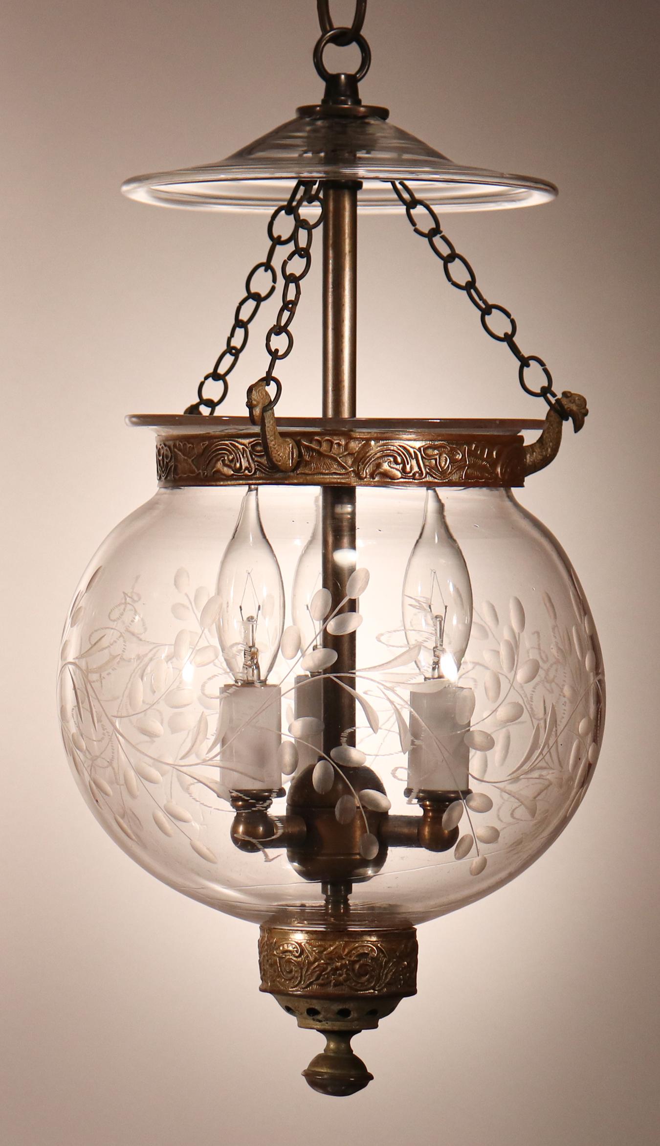 19th Century Set of Antique Globe Bell Jar Lanterns with Vine Etching
