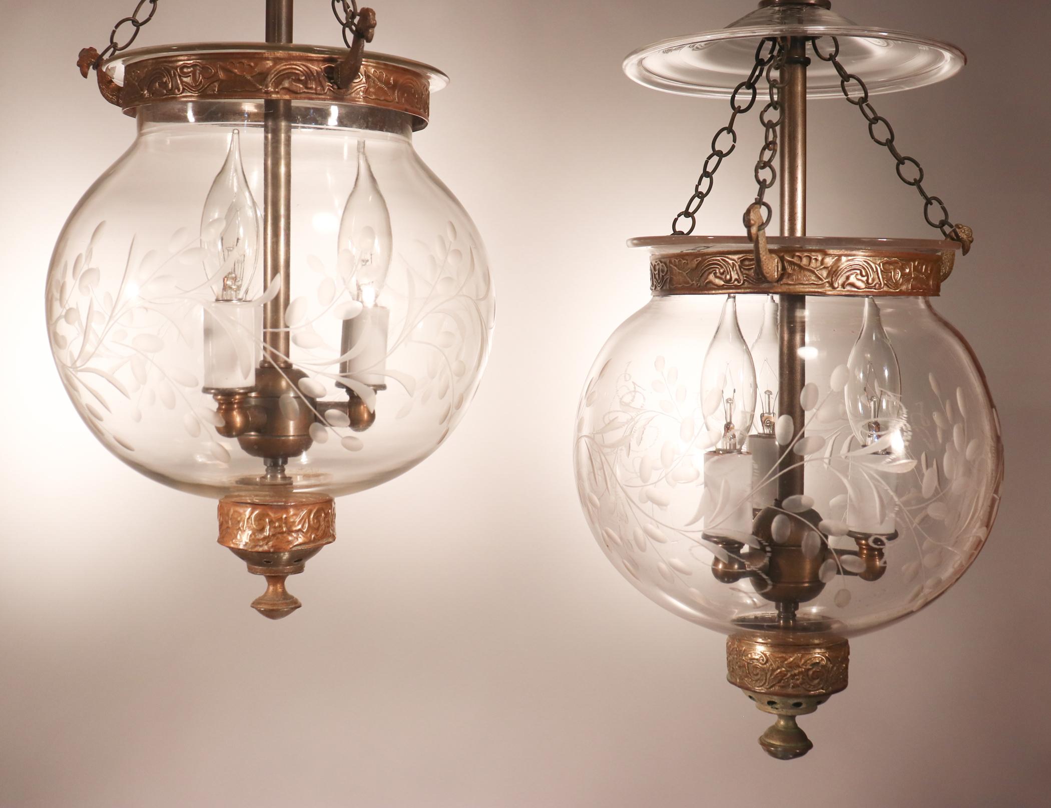 Brass Set of Antique Globe Bell Jar Lanterns with Vine Etching