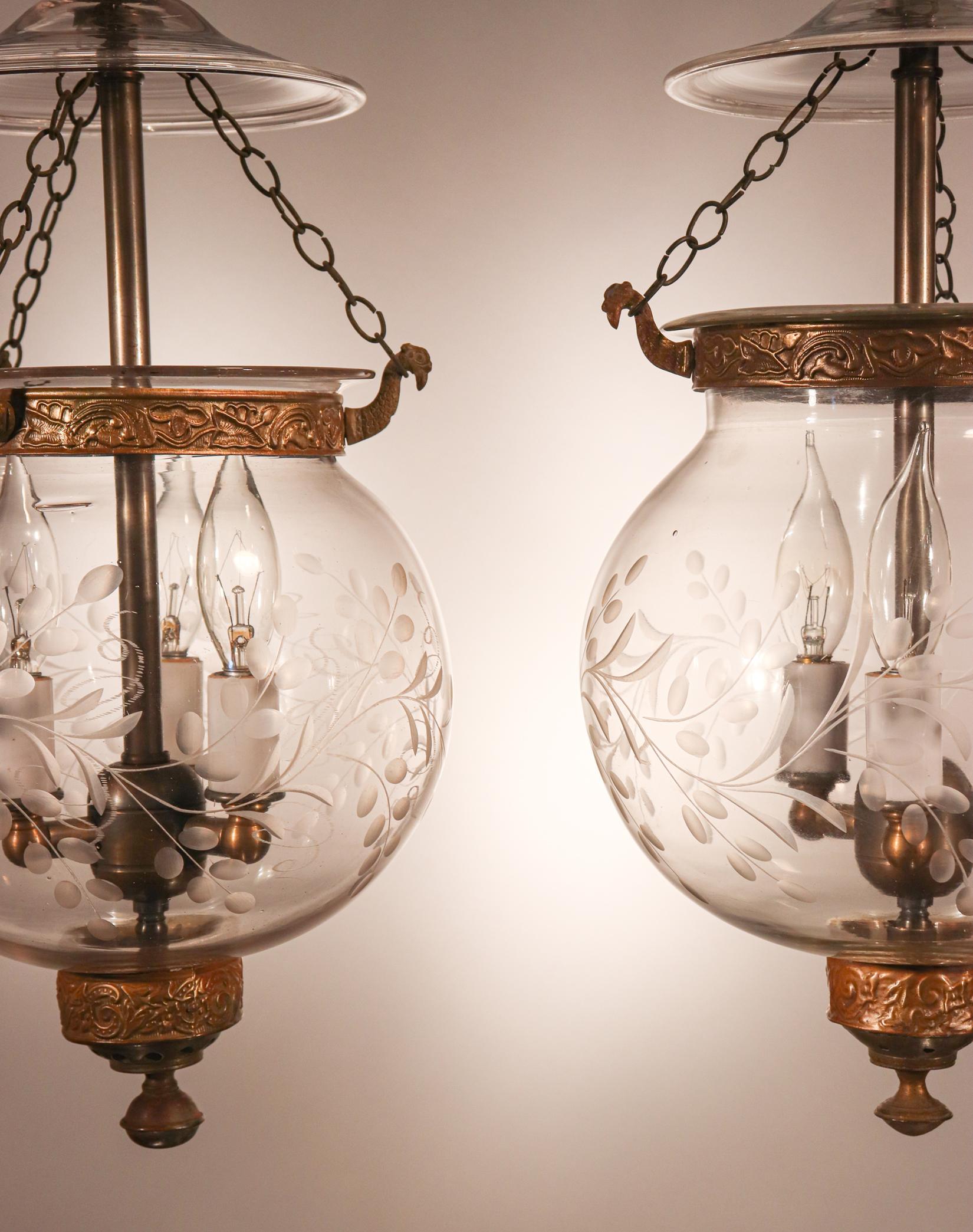 Set of Antique Globe Bell Jar Lanterns with Vine Etching 1