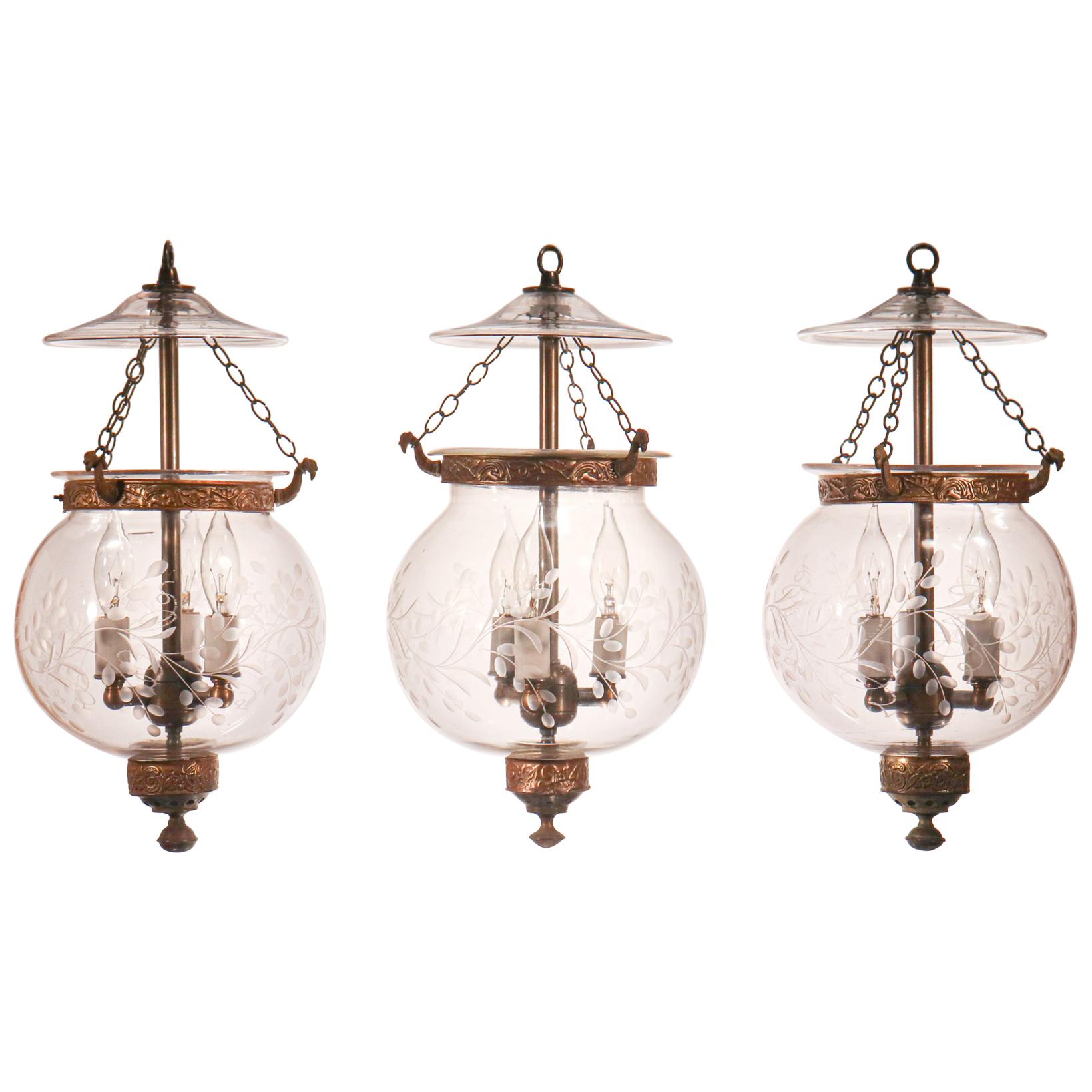 Set of Antique Globe Bell Jar Lanterns with Vine Etching