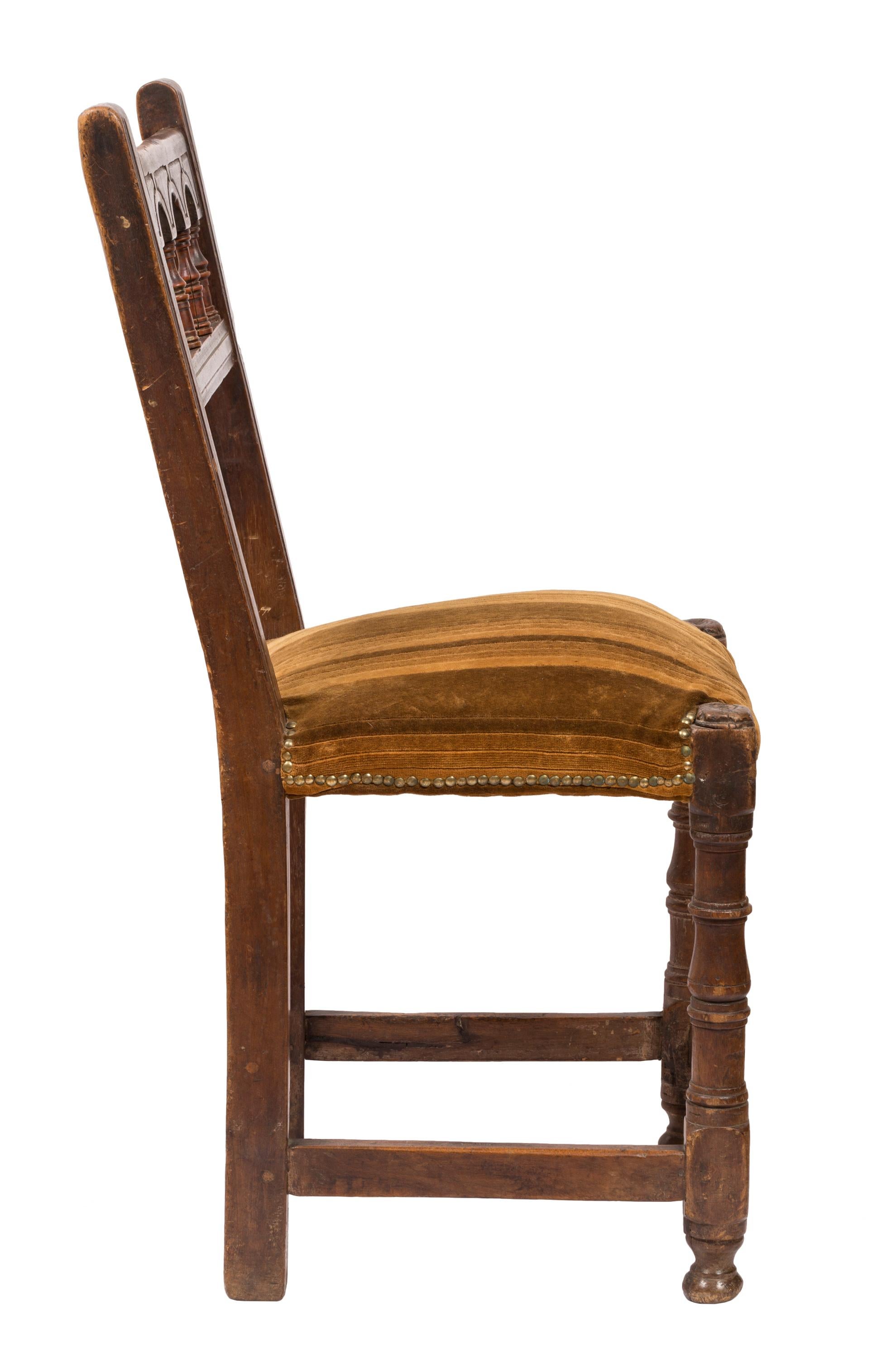 Hand-Carved Set of Antique Handmade, Upholstered Rustic Wood Chairs from Northern Spain For Sale