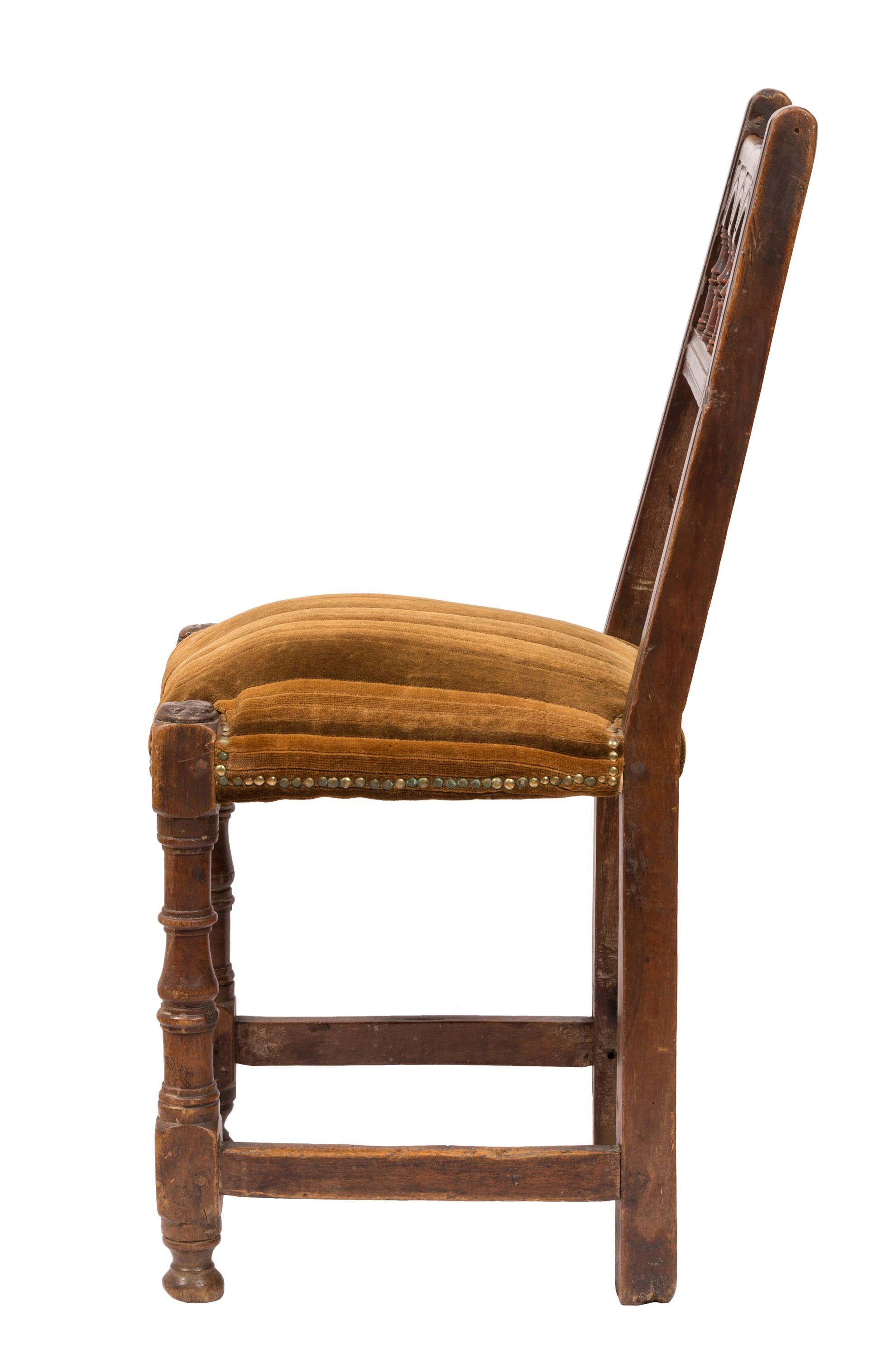 19th Century Set of Antique Handmade, Upholstered Rustic Wood Chairs from Northern Spain For Sale