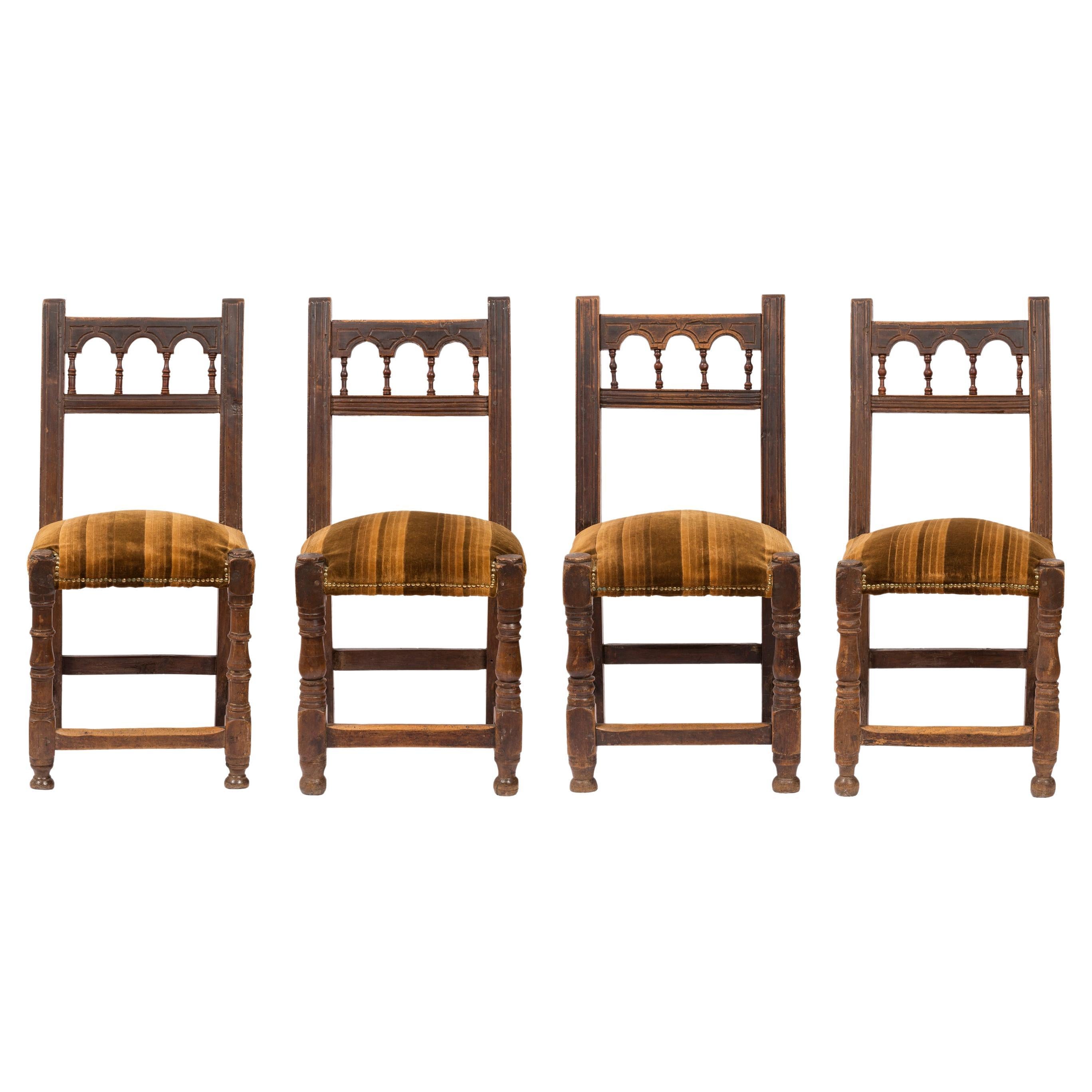 Set of Antique Handmade, Upholstered Rustic Wood Chairs from Northern Spain For Sale