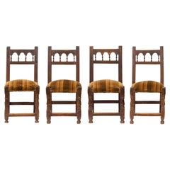 Set of Antique Handmade, Upholstered Rustic Wood Chairs from Northern Spain