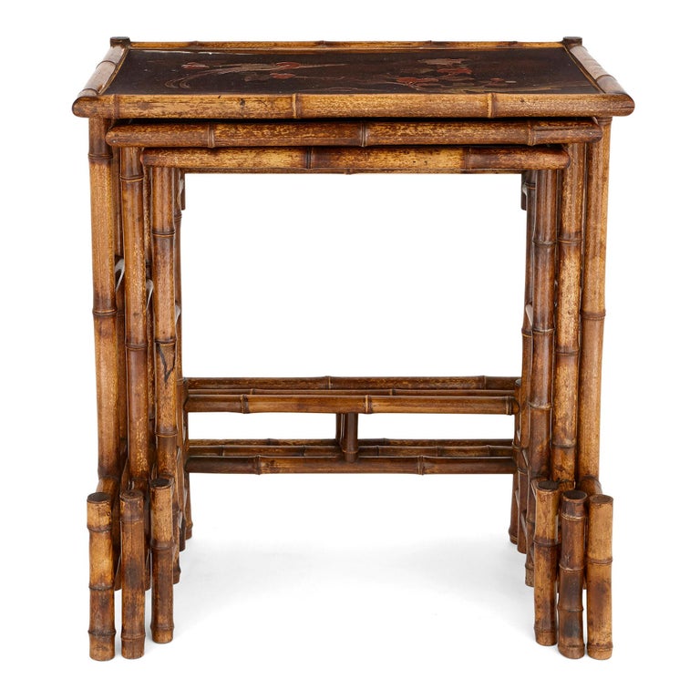 Set of Antique Japanese Bamboo and Lacquer Nesting Tables For Sale at
