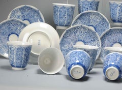 Juego de platos y tazones de té antiguos de porcelana japonesa azul y blanca Zoshuntei Sanpo
