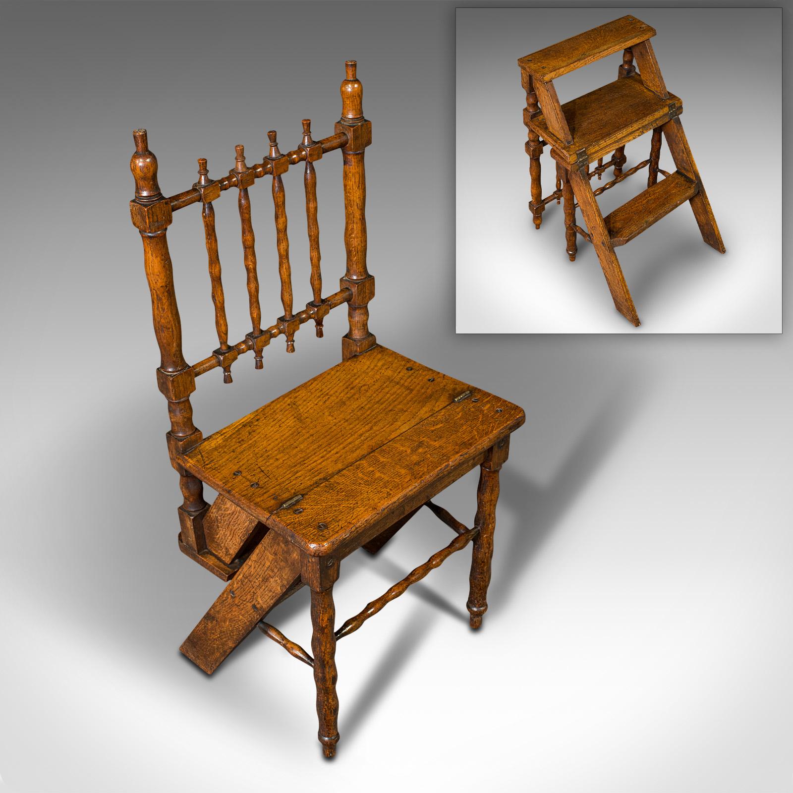 Set of Antique Metamorphic Library Steps, English, Oak, Folding Chair, Georgian 5