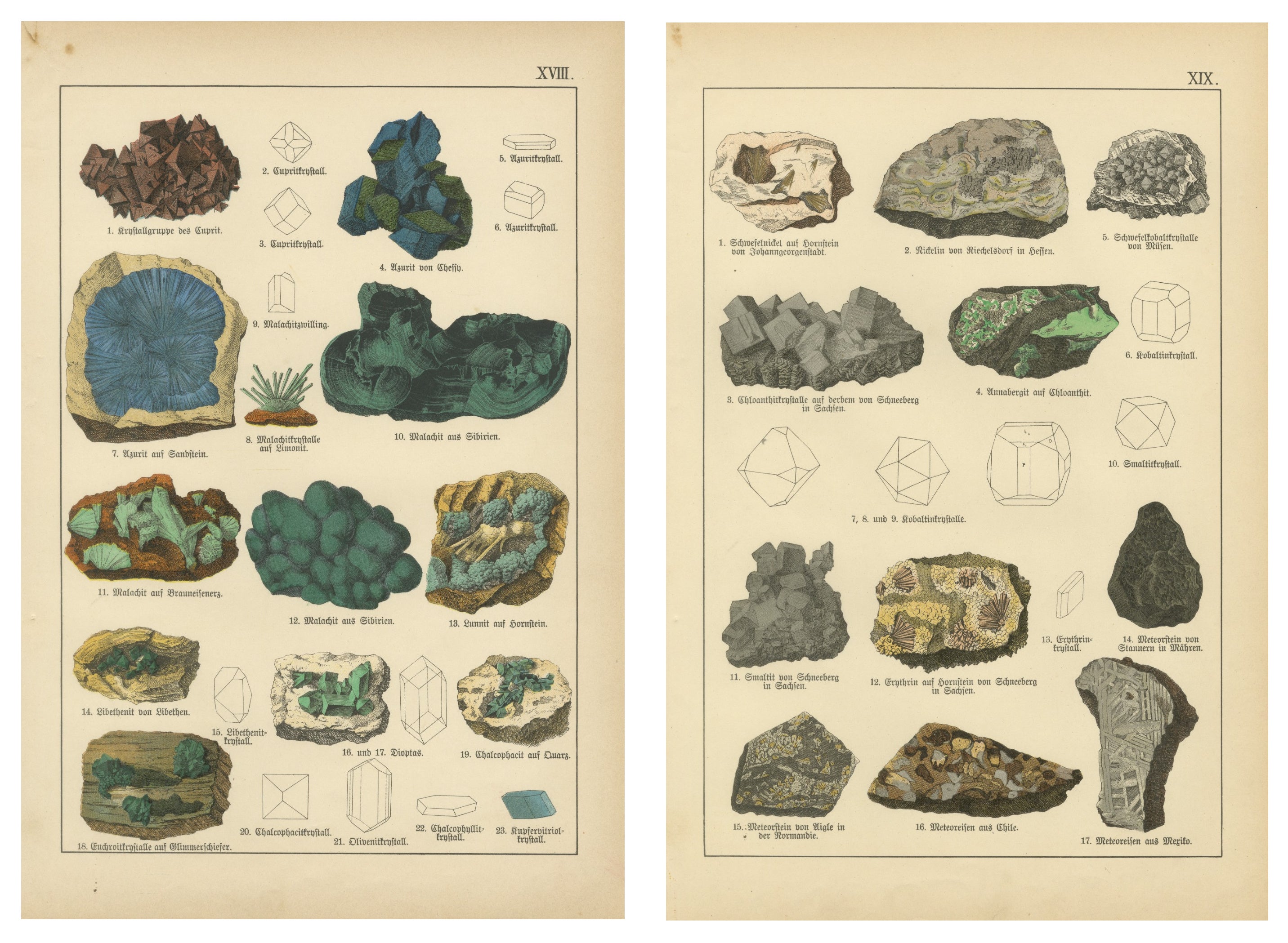 Set of Antique Mineralogy Chromolithographs, Azurite, Malachite, Meteorites 1888