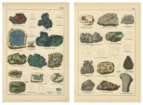Set of Antique Mineralogy Chromolithographs, Azurite, Malachite, Meteorites 1888