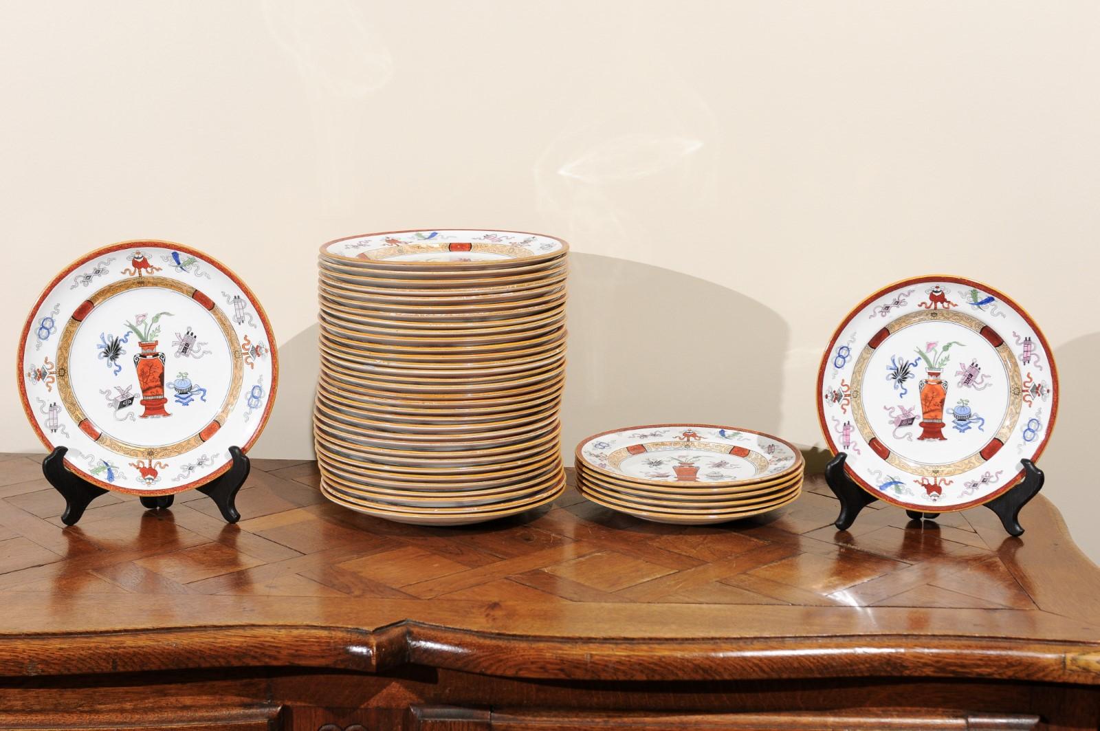 A wonderful set of Minton plates in the Woodseat pattern with an Asian influence design.
There are 34 plates which are 9.75 inches and 7 that are 9 inches. 