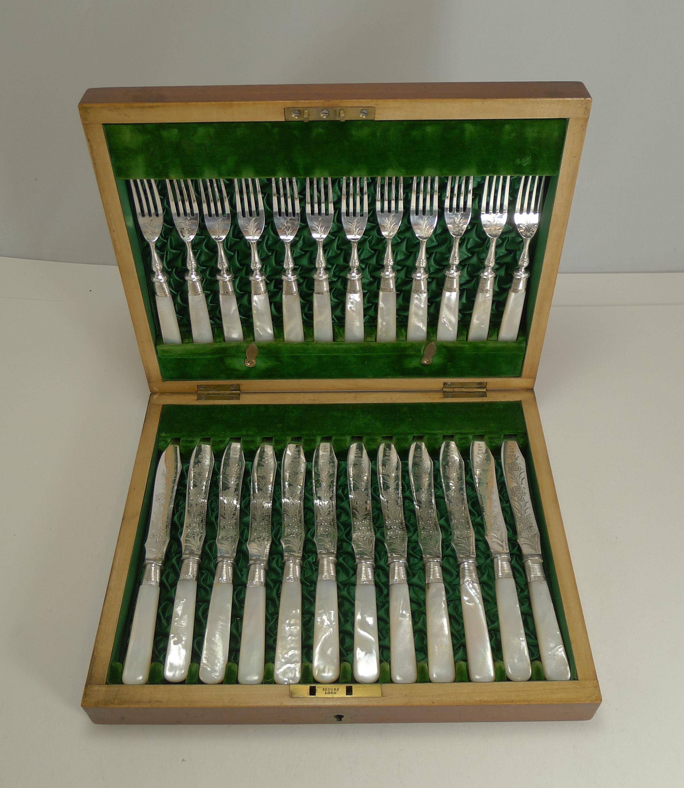 Silver Plate Set of Antique Mother-of-pearl Handled Fruit Knives and Forks, Sterling Ferrules