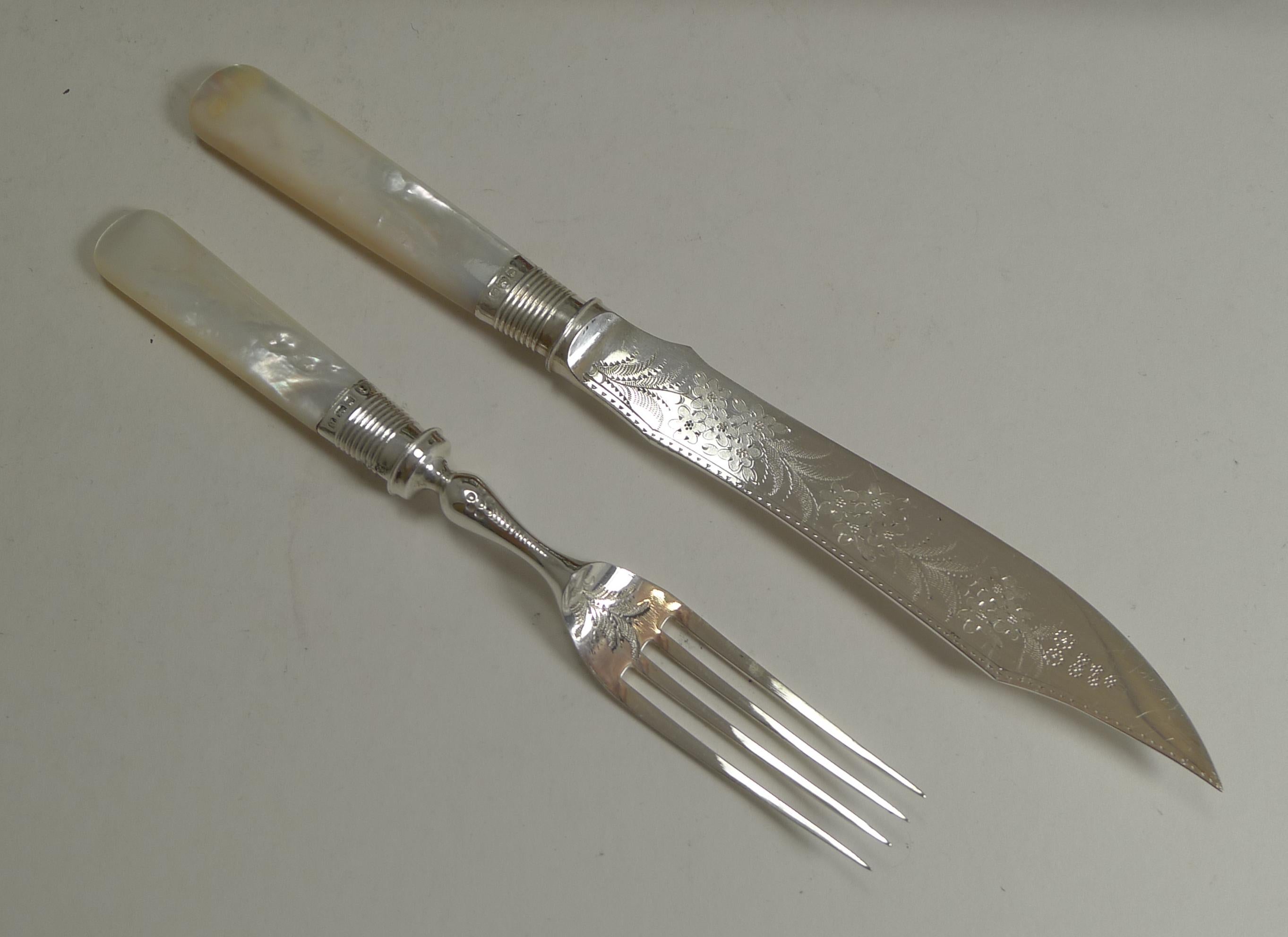 British Set of Antique Mother-of-pearl Handled Fruit Knives and Forks, Sterling Ferrules
