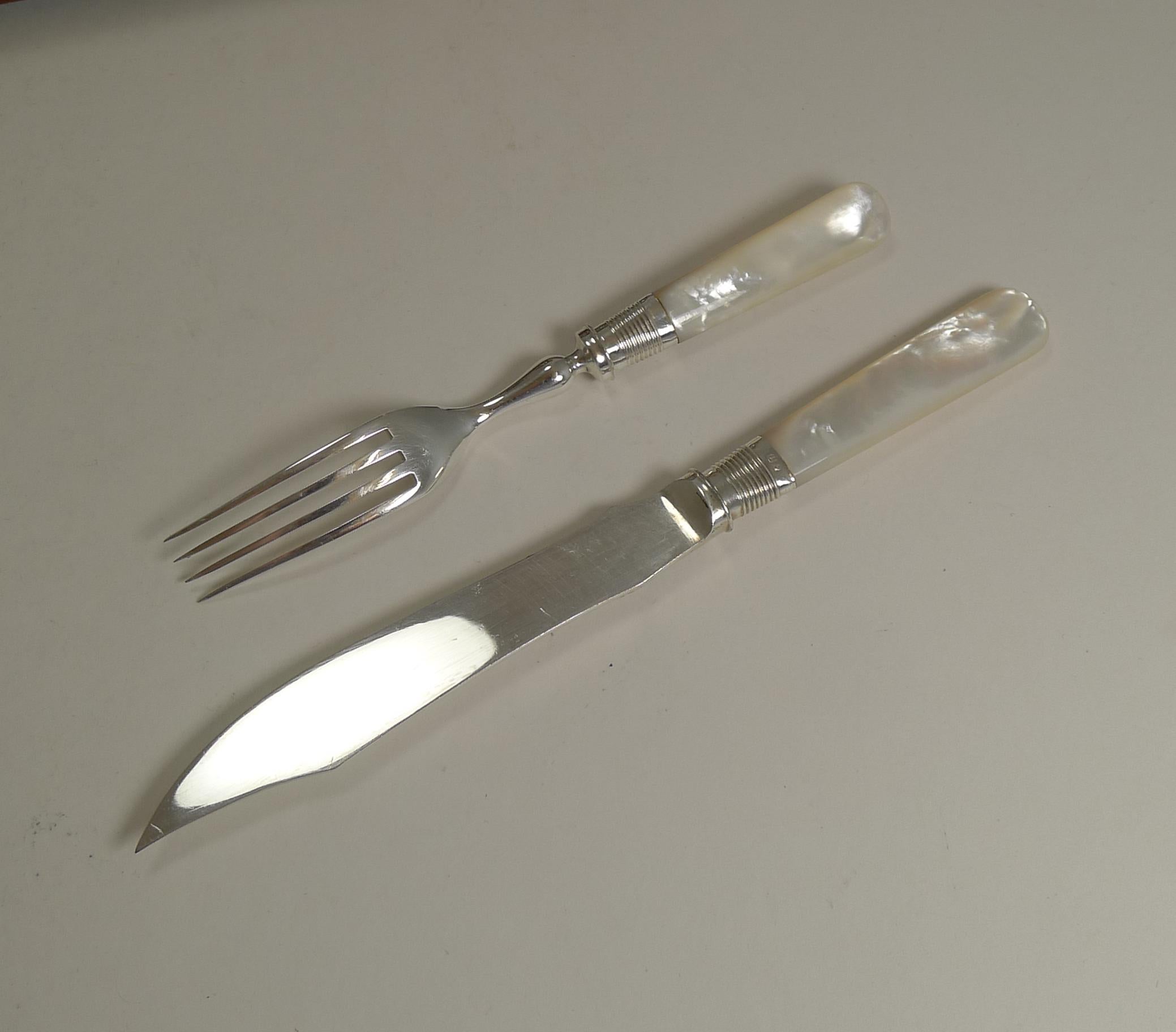 Late 19th Century Set of Antique Mother-of-pearl Handled Fruit Knives and Forks, Sterling Ferrules