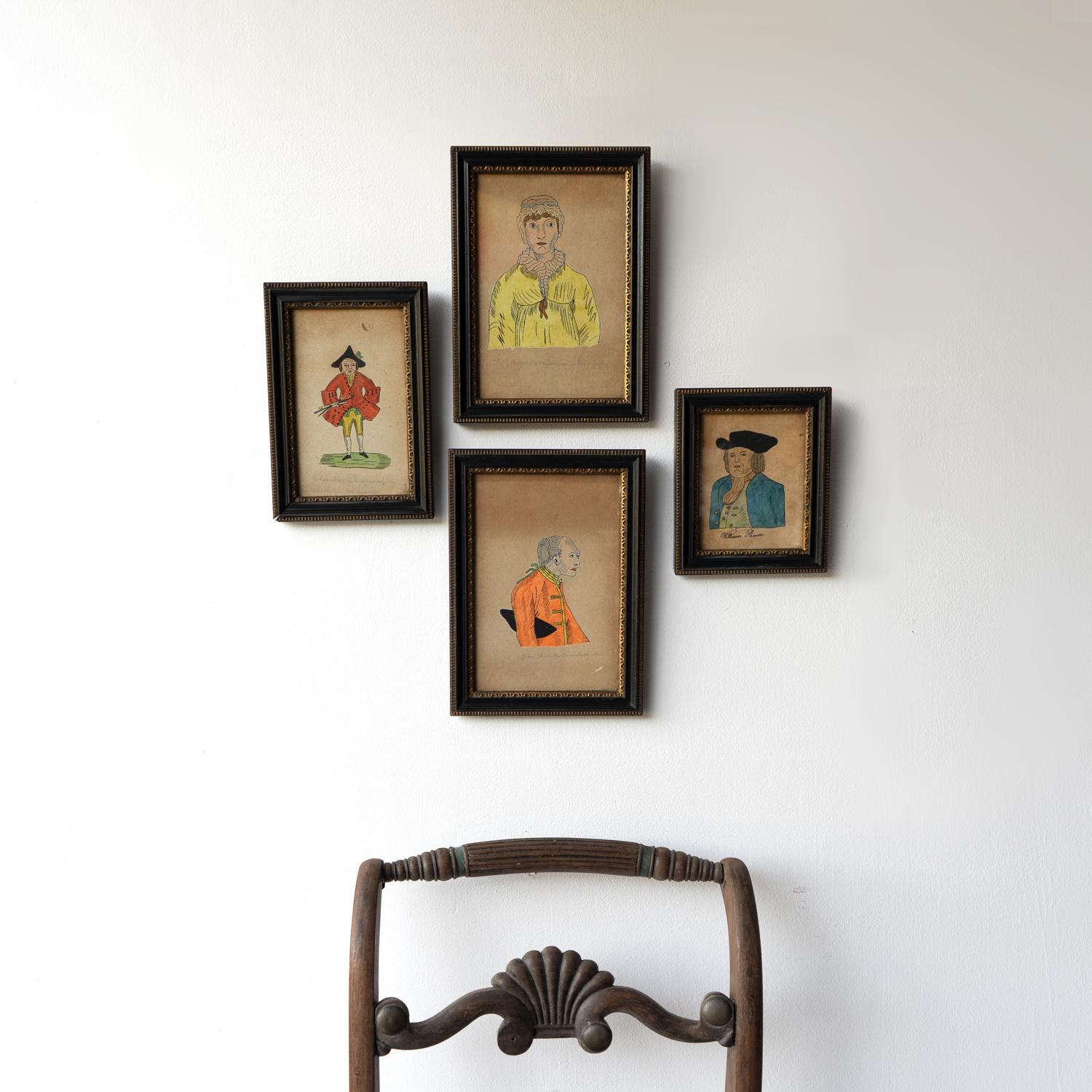 Set Of Antique Naive Folk Art Portrait Drawings, Pen, Ink And Watercolour 19th C 3
