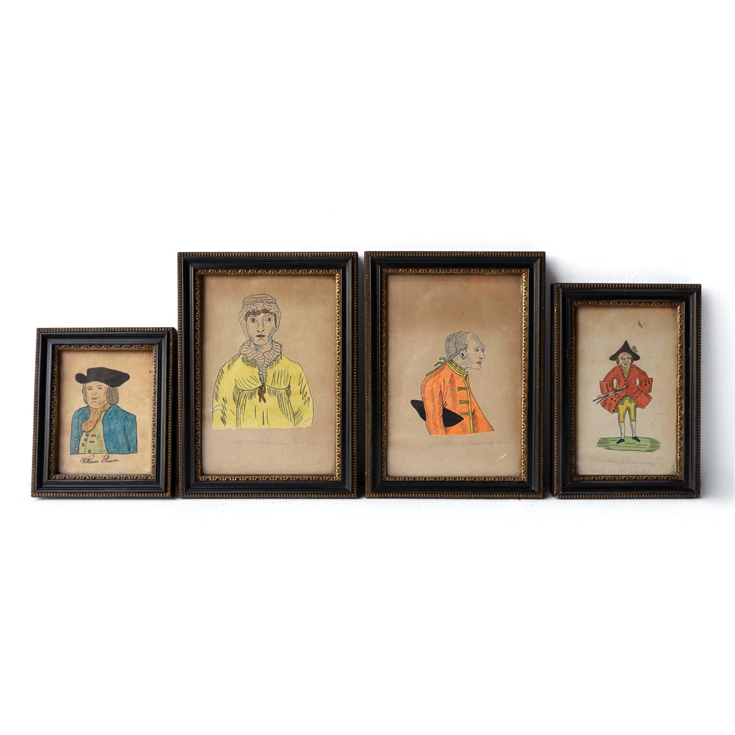 Set Of Antique Naive Folk Art Portrait Drawings, Pen, Ink And Watercolour 19th C 5