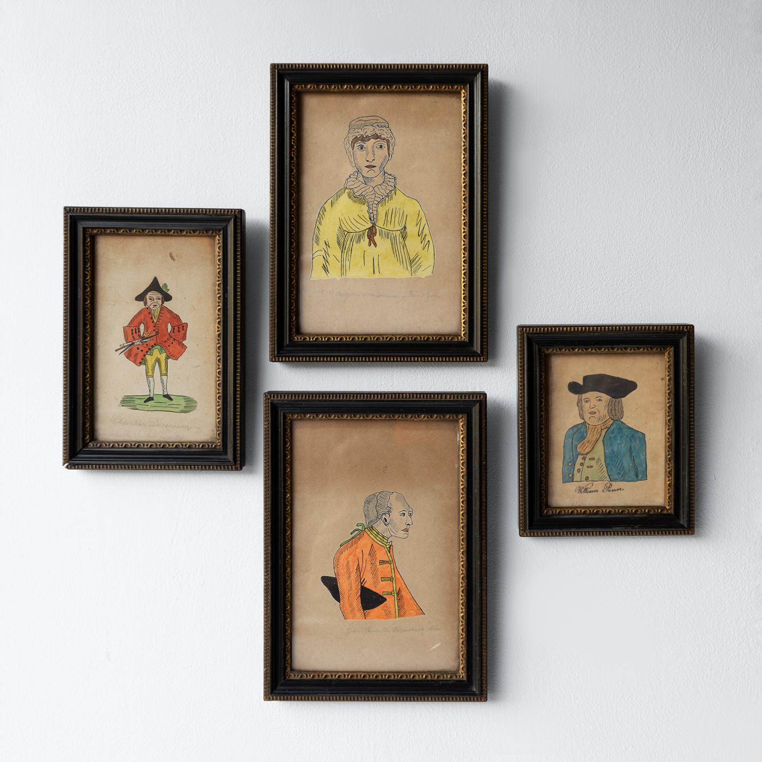 ANTIQUE ORIGINAL PEN, INK AND WATERCOLOUR ON CARD PAINTINGS

A very charming and unusual set of drawings painted in a folky naive style with bags of character.

Depicting four eccentric characters with inscriptions:

‘John Elwes, The Remarkable