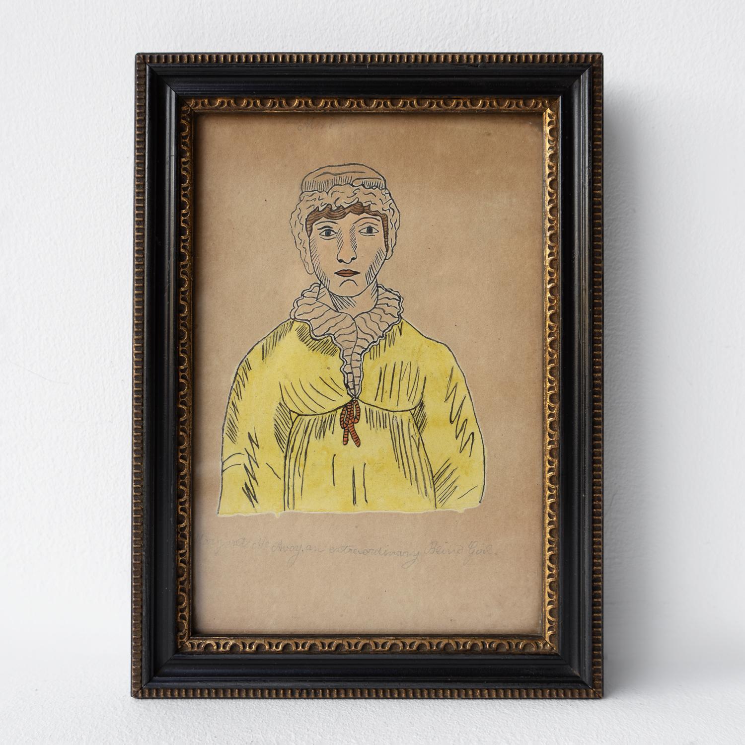 English Set Of Antique Naive Folk Art Portrait Drawings, Pen, Ink And Watercolour 19th C