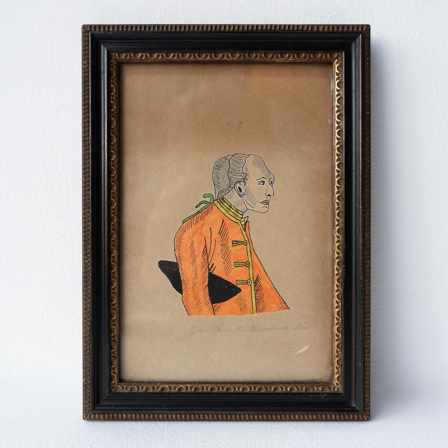 Hand-Crafted Set Of Antique Naive Folk Art Portrait Drawings, Pen, Ink And Watercolour 19th C