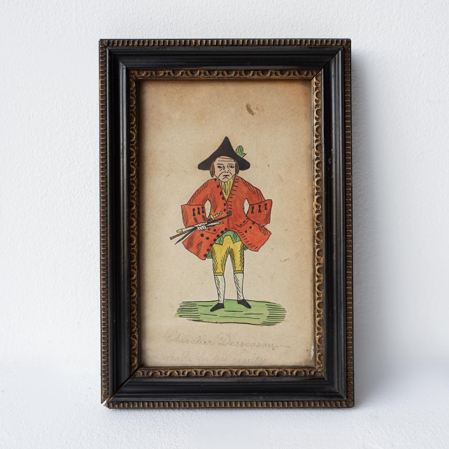 19th Century Set Of Antique Naive Folk Art Portrait Drawings, Pen, Ink And Watercolour 19th C