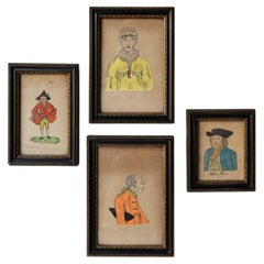 Set Of Antique Naive Folk Art Portrait Drawings, Pen, Ink And Watercolour 19th C