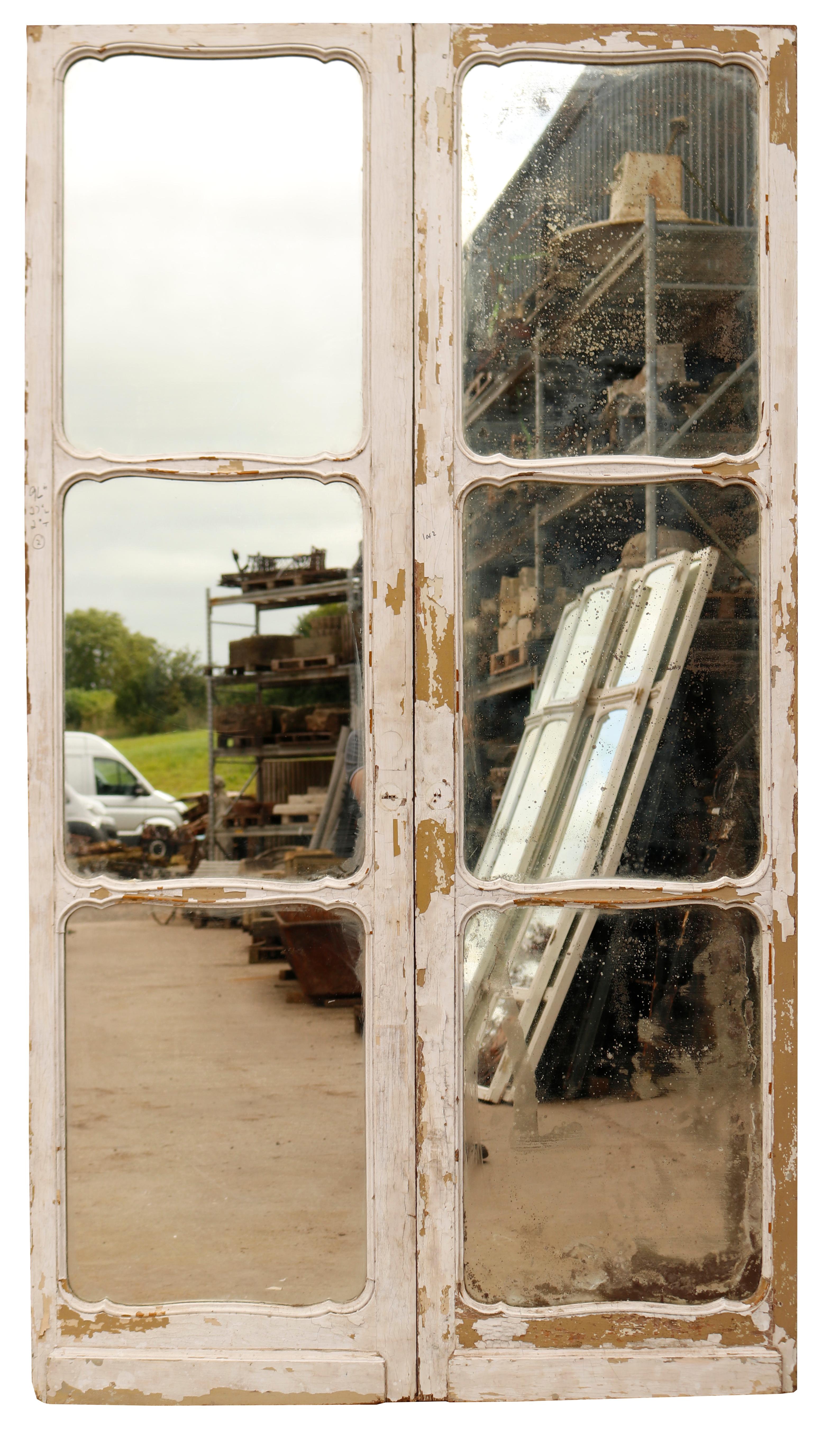 Set of Mirrored Oak double doors. Original mercury mirrored glass and oak frames, with a delightful crusty paint finish.