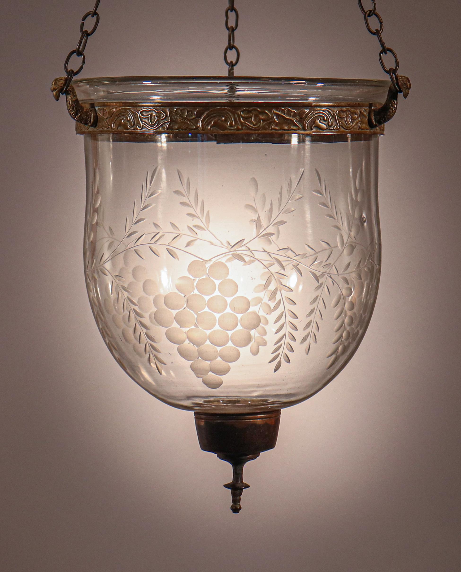 Set of Antique Petite Bell Jar Lanterns with Grape Etching 4