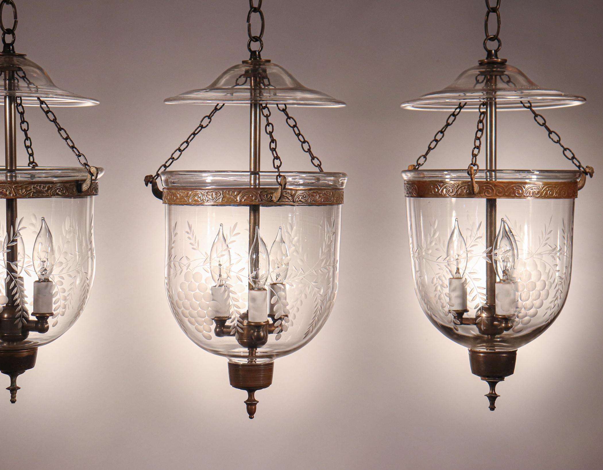 High Victorian Set of Antique Petite Bell Jar Lanterns with Grape Etching