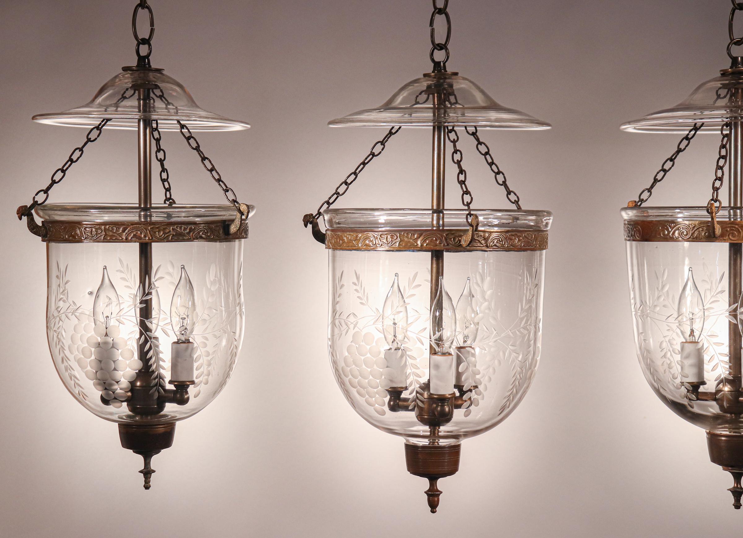 English Set of Antique Petite Bell Jar Lanterns with Grape Etching